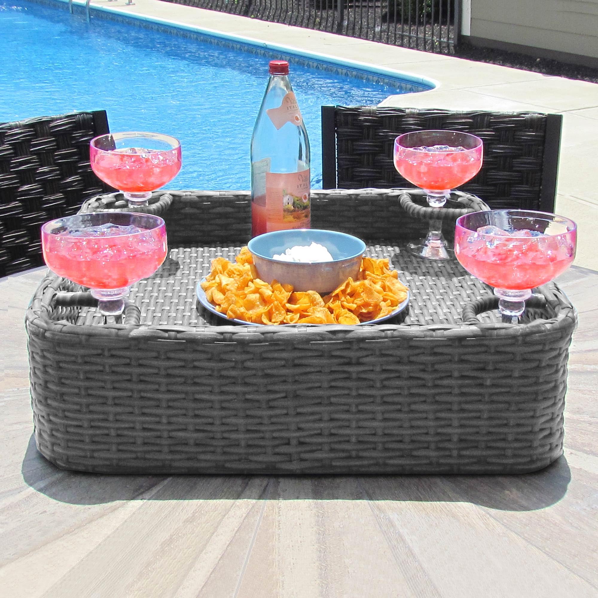 Sunjoy 24x24 Inch Floating Pool Tray with Aluminum Frame - Durable Wicker Design for Drinks, Snacks & Essentials - Fits Most Swimming Pools - Perfect for Pool Parties, Relaxation & Summer Fun - Grey