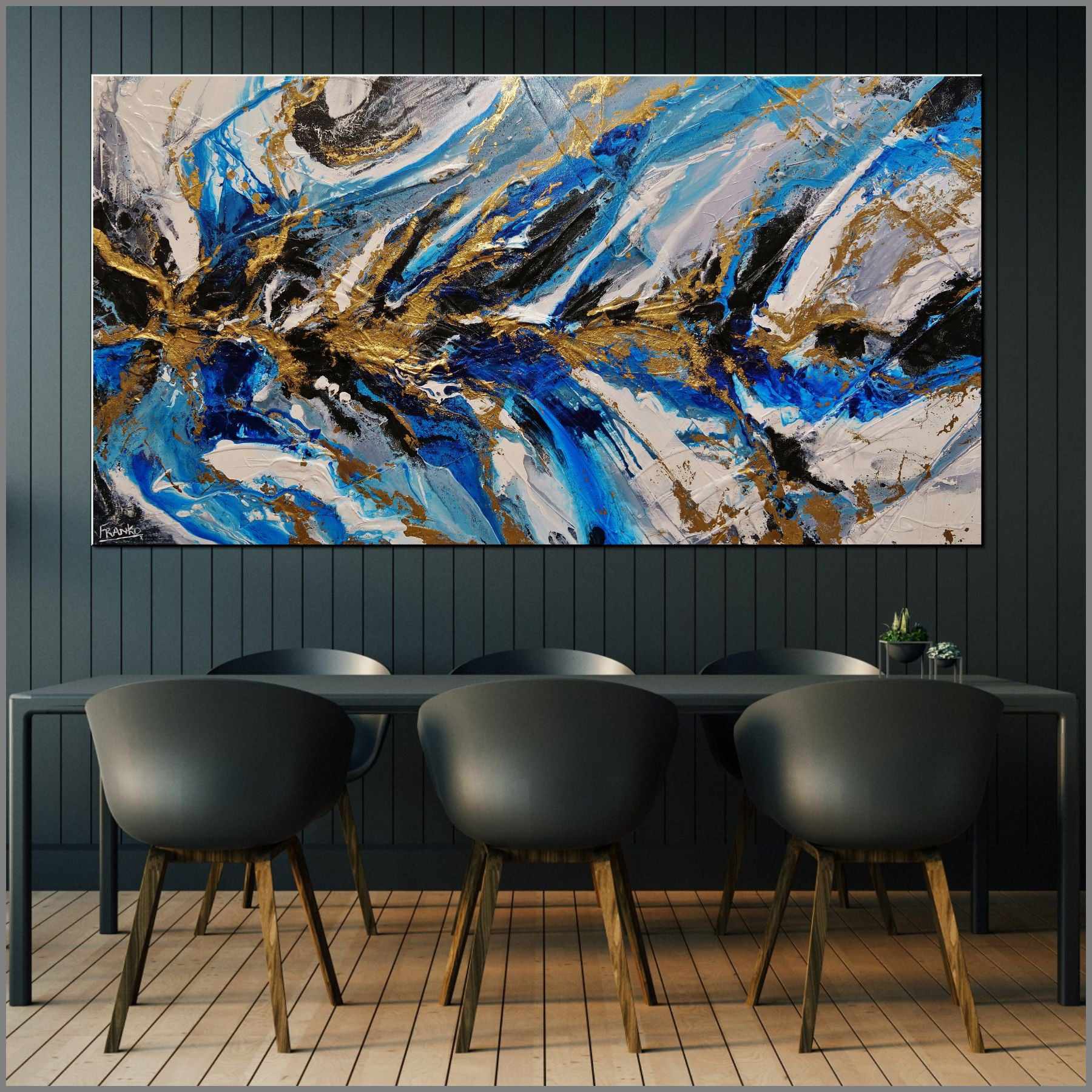 Golden Blue Silk 190cm x 100cm Abstract Textured Painting - Blue Gold Grey Modern Wall Art for Living Room, Bedroom & Office Decor