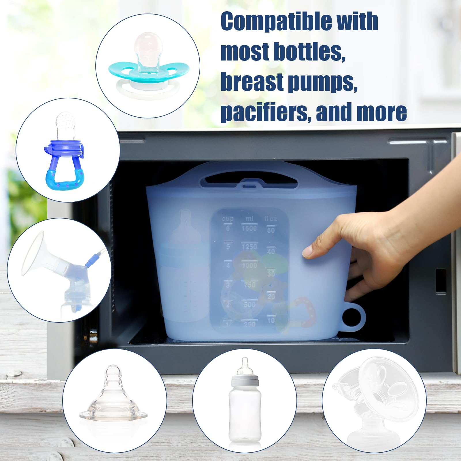 1.5L Reusable Microwave Sterilizer Bags for Baby Bottles, Pacifiers & Breast Pump Parts - BPA-Free Silicone Sterilization Pouches for Home & Travel Use (Blue) | Perfect for Busy Moms & On-The-Go Sterilization