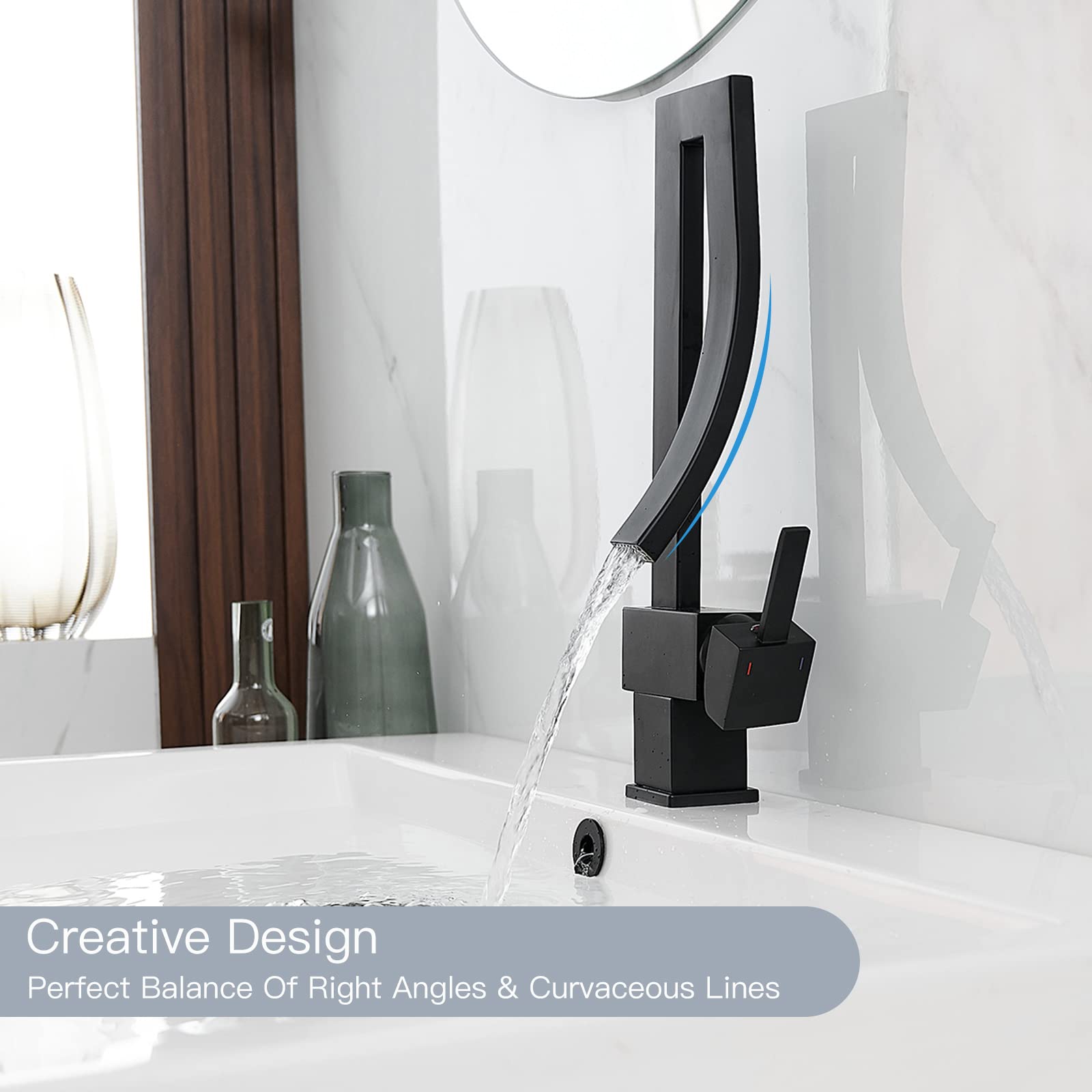 Modern Matte Black Single Handle Waterfall Bathroom Faucet - 1 Hole Brass Sink Faucet with Supply Lines - Commercial & Home Vanity Lavatory Mixer Tap - Perfect for Bathroom, Powder Room, and Guest Washroom Upgrades