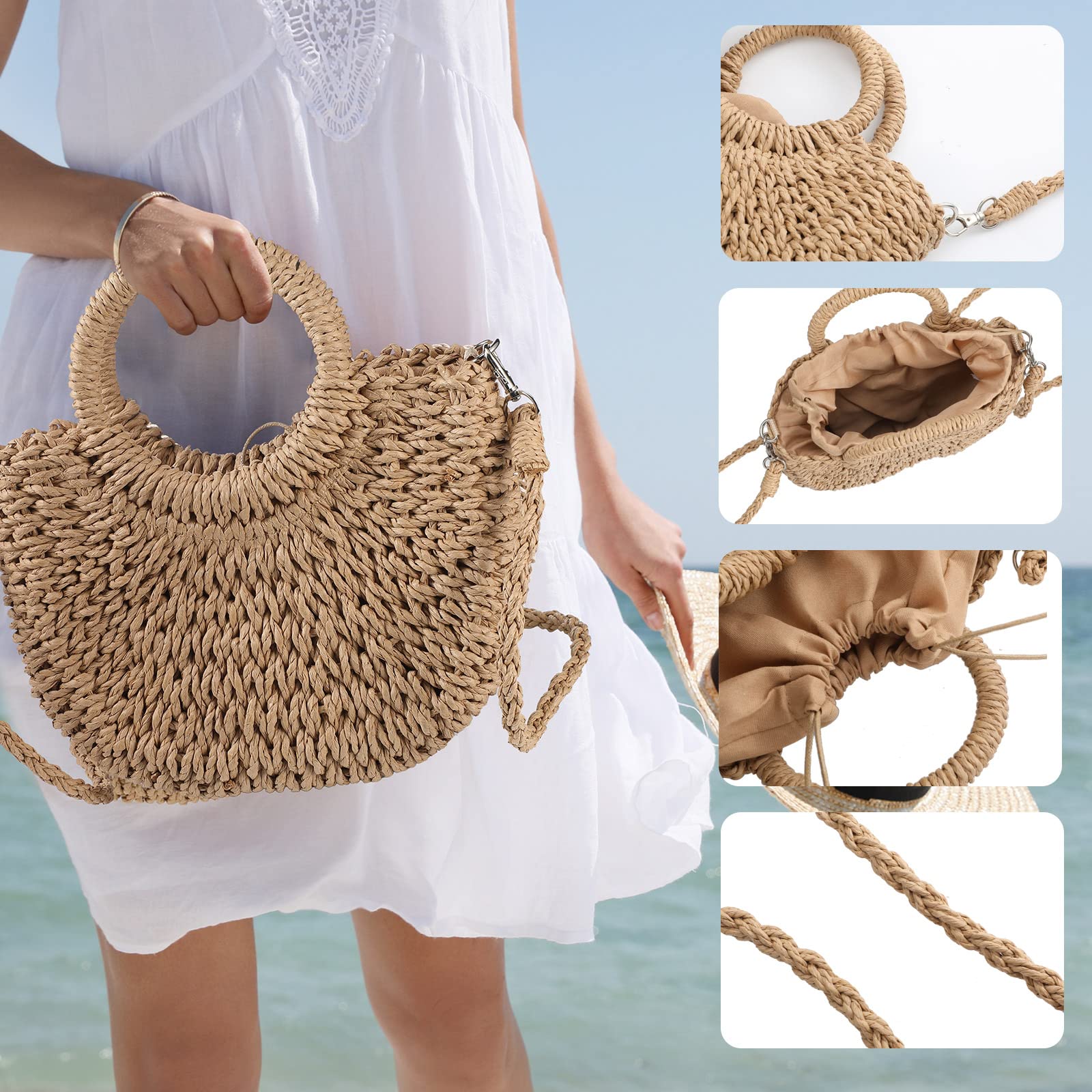 3 Pcs Semi Circle Rattan Straw Bags for Women - Hand Woven Beach Tote & Crossbody Purse - Summer Mini Wicker Clutch with Top Handle - Perfect for Beach Outings, Picnics, and Vacation Accessories