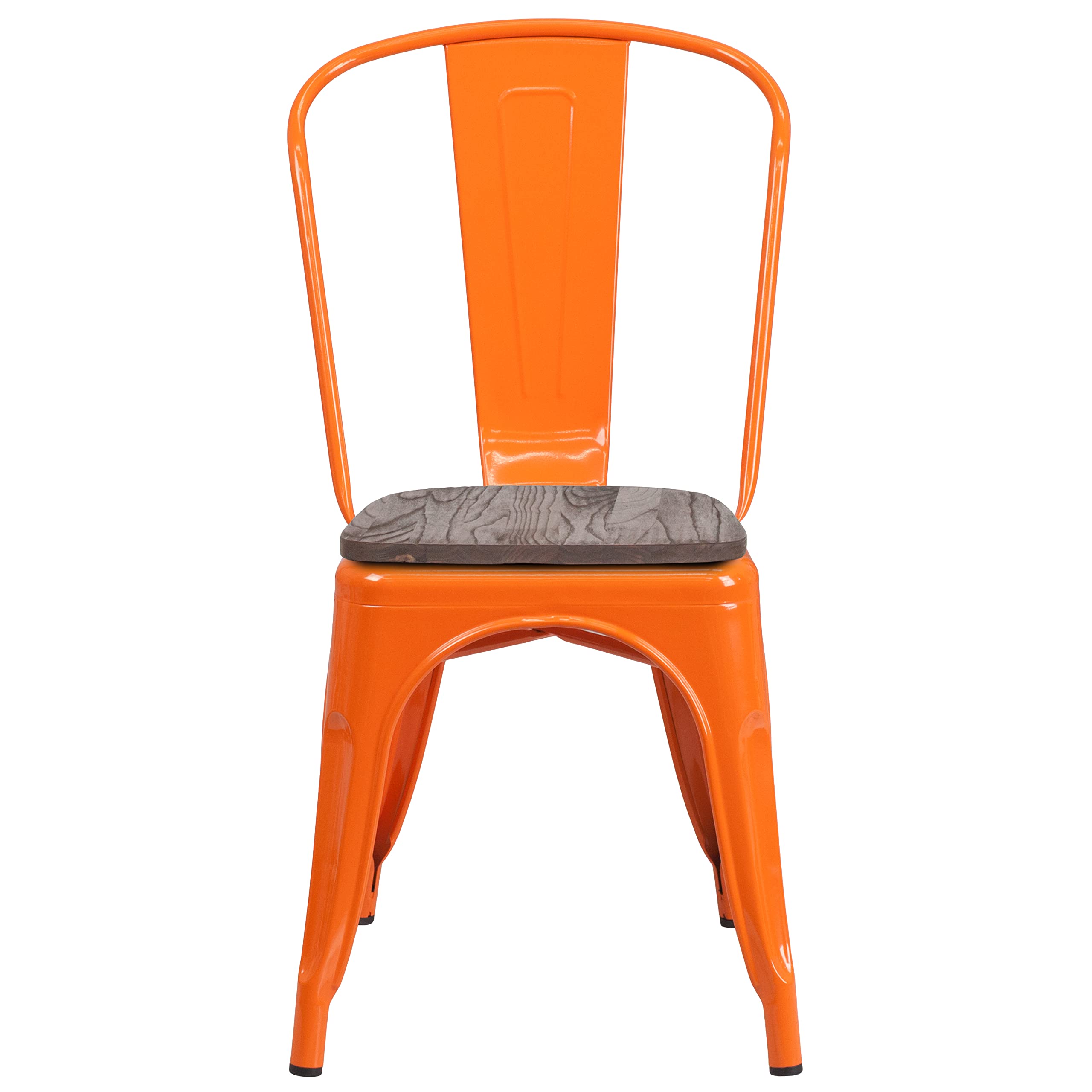 Merrick Lane Amsterdam Metal Chair - Orange Textured Wooden Seat Dining Chair with Slatted Curved Back - Perfect for Kitchen, Dining Room & Outdoor Patio Furniture