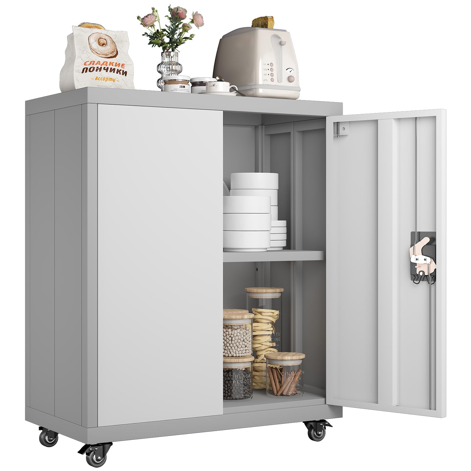 GREATMEET Rolling Garage Storage Cabinet with Wheels, Lockable Metal Utility Cabinet with Adjustable Shelves & Doors - Grey - Ideal for Garage, Home Office, Workshop & Utility Room Organization