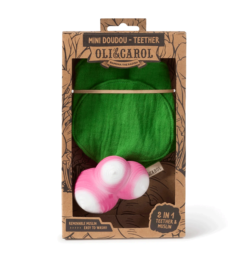 Organic Ramona The Radish Mini Doudou Baby Teether by Oli & Carol - Natural Rubber Pacifier & Chew Toy for Teething Infants - Perfect for Soothing Sore Gums & Sensory Play