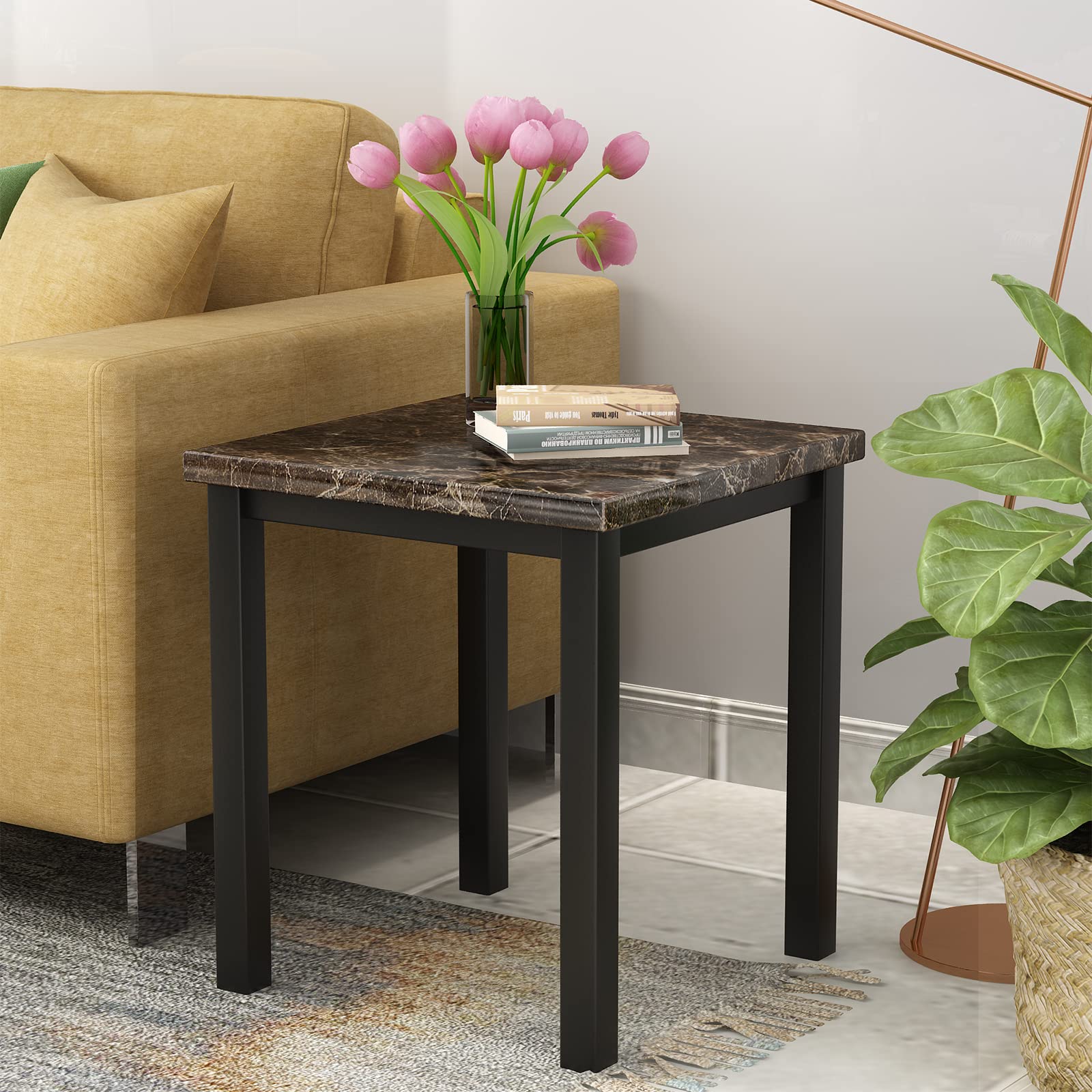 AWQM Faux Marble Coffee Table Set of 3 - Modern Accent Table & 2 End Tables for Living Room with Black Metal Frame & Brown Marble Top - Perfect for Sofa, Lounge & Home Decor
