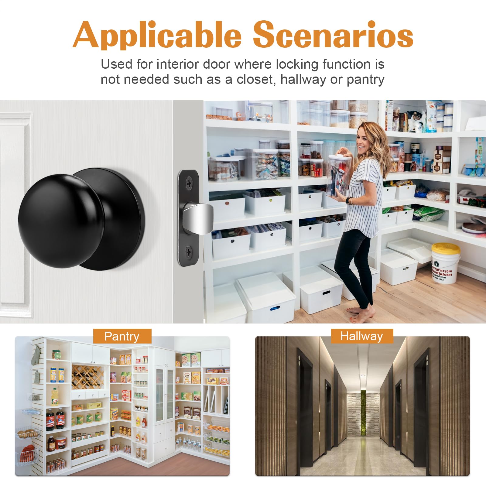 Probrico 3 Pack Black Door Knobs - Keyless Passage Door Handles with Flat Ball Design for Closet & Hallway - Solid Latch, Universal Lever - Perfect for Bedroom, Bathroom & Interior Doors