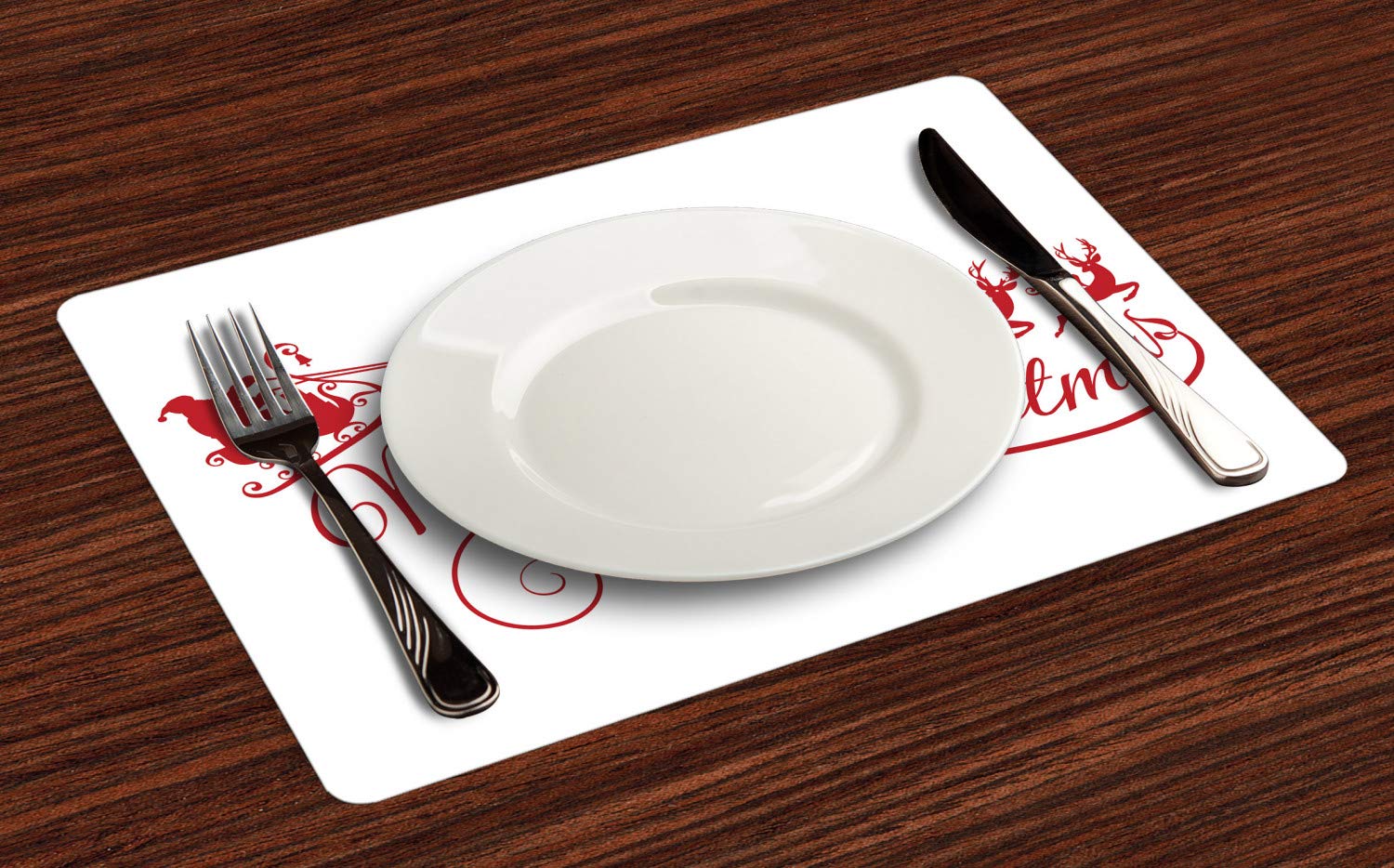 Santa with Sleigh Reindeer Silhouette Christmas Place Mats Set of 4 - Festive Xmas Table Decor for Dining Room & Kitchen - Washable Fabric Placemats in Dark Pink & White - Perfect for Holiday Dinners, Christmas Parties & Winter Home Decor