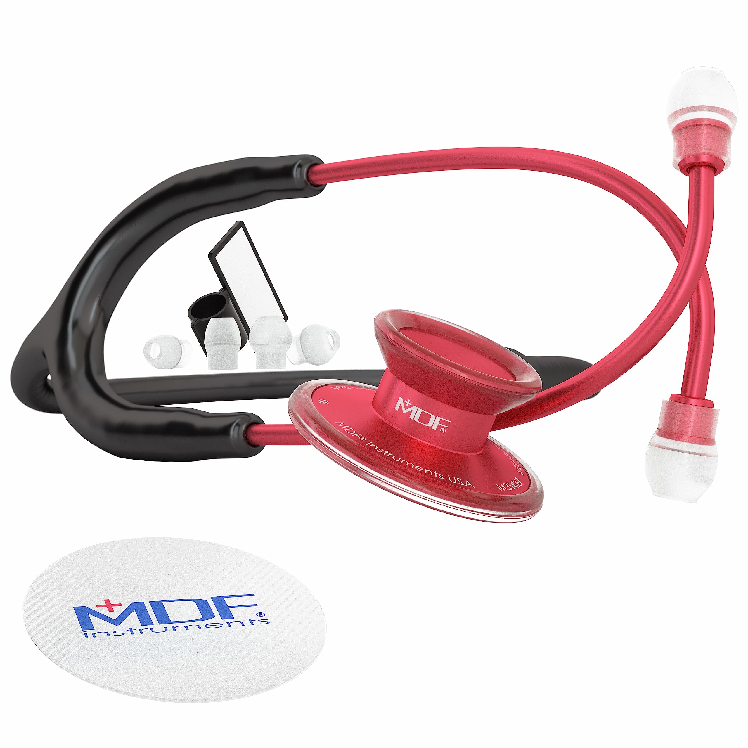 **MDF Acoustica Lightweight Dual Head Stethoscope - Black Tube & Red Chestpiece for Doctors, Nurses, Students & Home Health Use (Adult) - Ideal for Medical Exams, Clinical Practice & Home Monitoring**