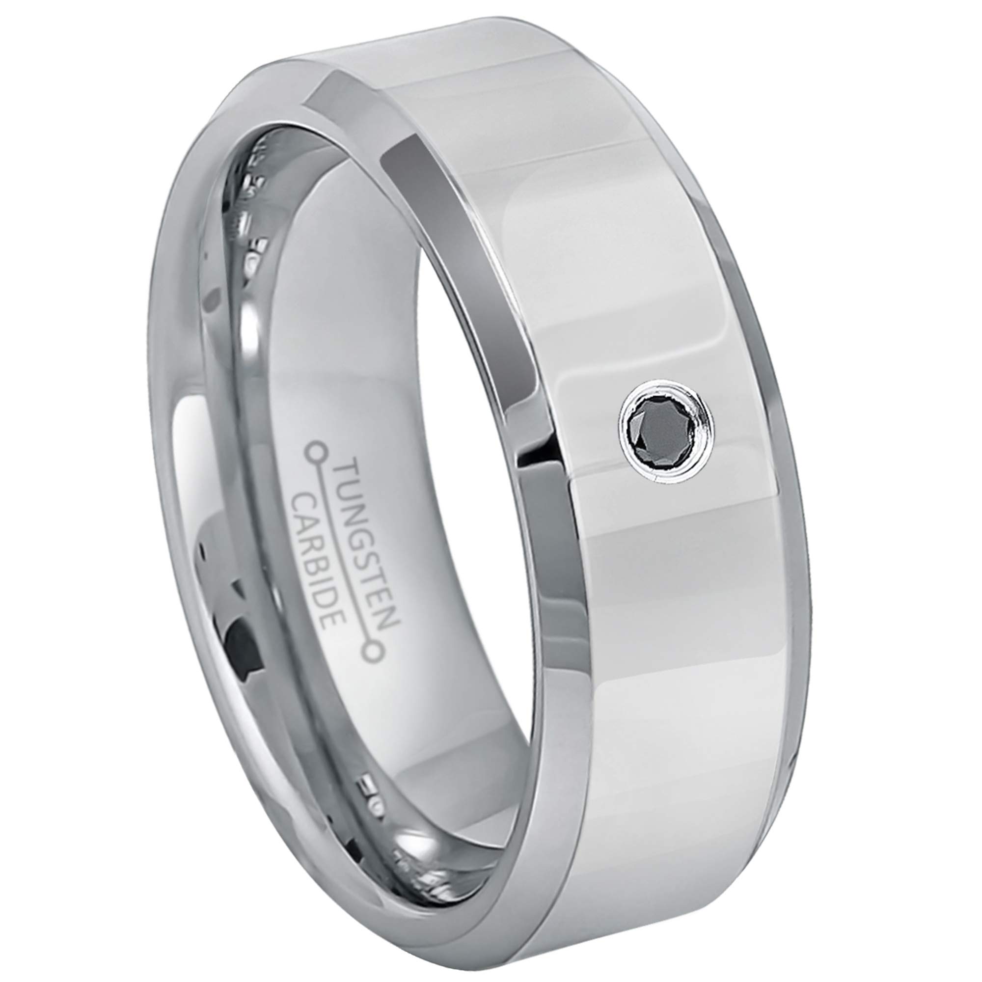 0.05ct Black Diamond Tungsten Ring for Men - 8mm Polished Beveled Tungsten Carbide Wedding Band, Anniversary Ring, Durable & Scratch Resistant - Perfect for Weddings, Engagements & Special Occasions