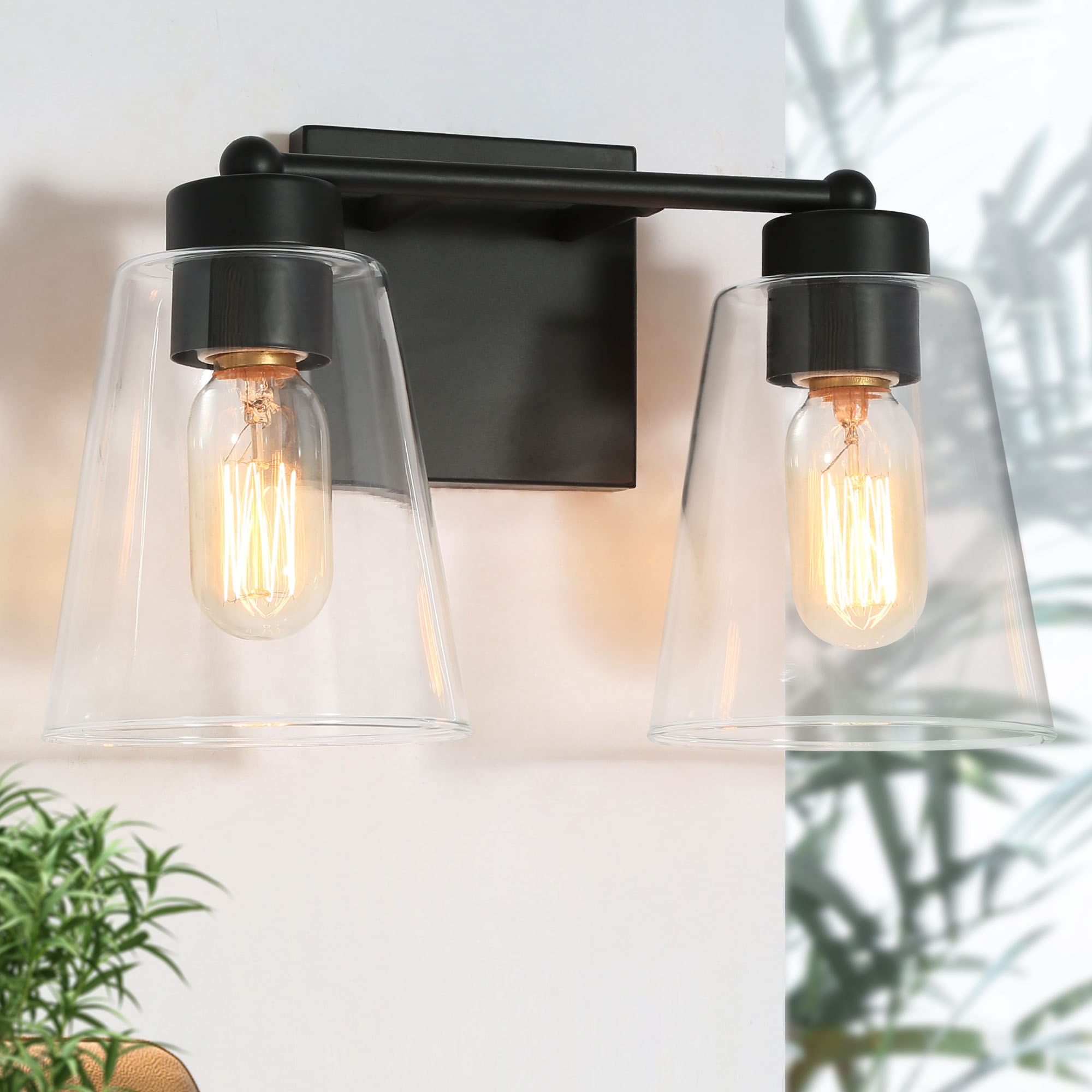 Black Farmhouse Bathroom Vanity Light Fixture - 2-Light Rustic Sconce with Clear Glass Shade (13
