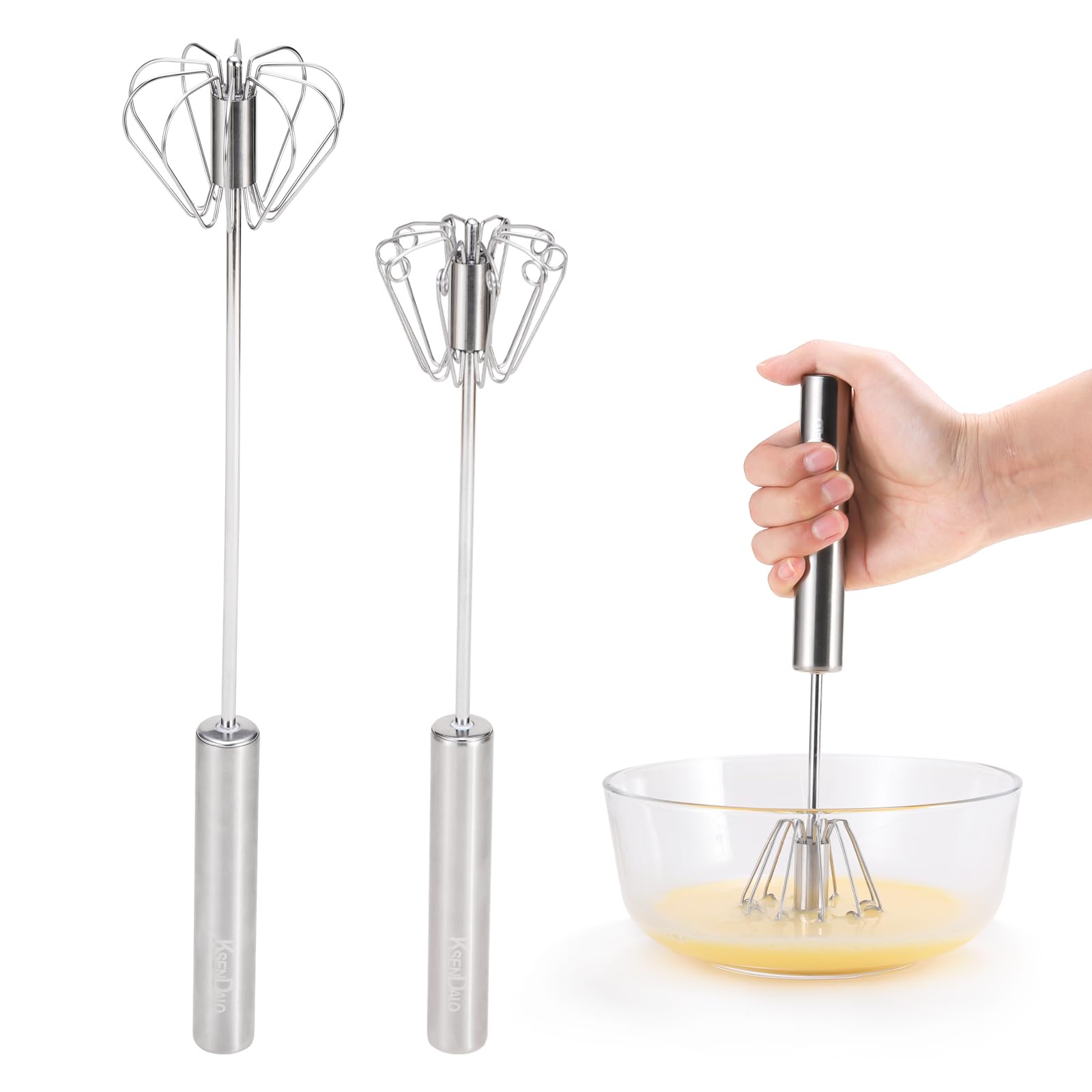 Premium KSENDALO SUS304 Stainless Steel Whisk & Beater Set - 12 & 14 Inch Handheld Mixer for Cooking, Baking & Frothing - Manual & Semi-Auto Egg Whisk, Milk Frother & Dough Mixer - Perfect for Kitchen, Cafe & Home Baking
