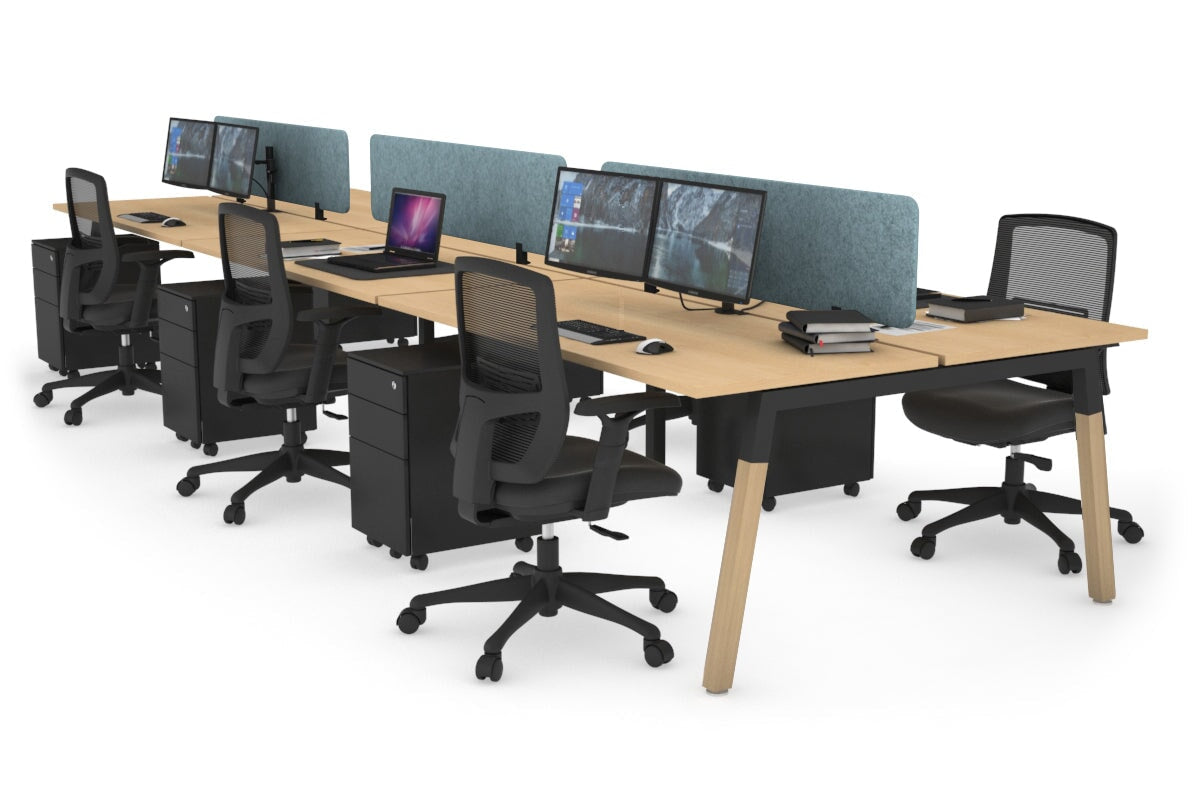 Quadro A Legs 6-Person Office Workstation with Wood Legs & Cross Beam [1400L x 700W] - Perfect for Collaborative Workspaces, Conference Rooms & Open Office Layouts
