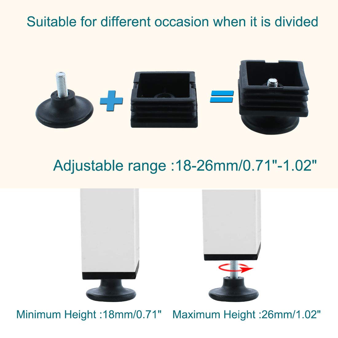 uxcell 50 x 50mm Square Tube Leveling Feet Kit - 10 Sets Adjustable Furniture Glides for Chair & Desk Legs | Perfect for Office, Home & Workshop Furniture Leveling & Stability