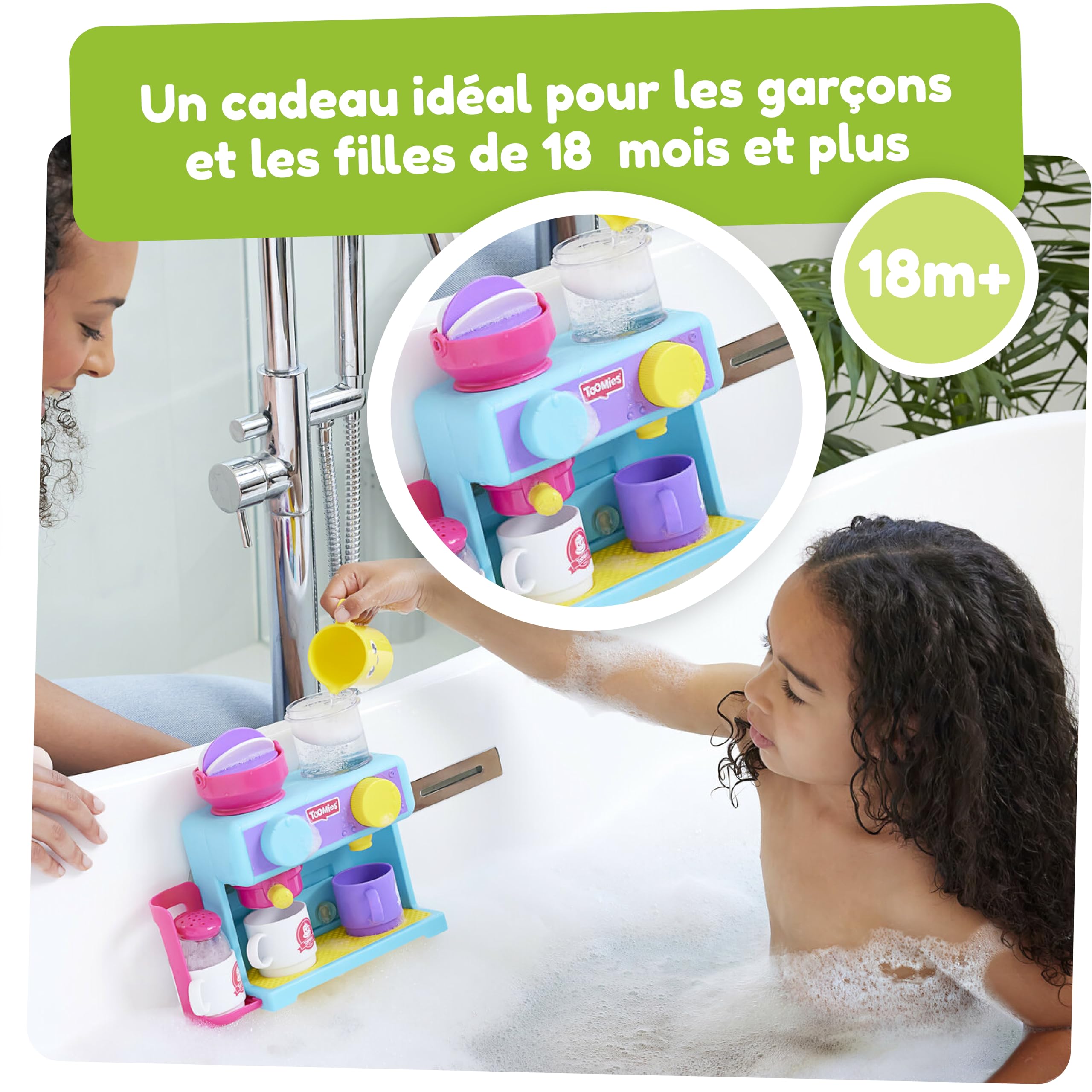 Toomies Bath Barista Pretend Play Cafe - Wall Mounted Bubble Bath Toy Kitchen Set for Toddlers 18+ Months - Includes 3 Cups, 1 Jug & 1 Shaker - Fun Pretend Coffee Shop & Kitchen Role Play for Boys & Girls - Perfect for Bathtime Play & Early Learning Development