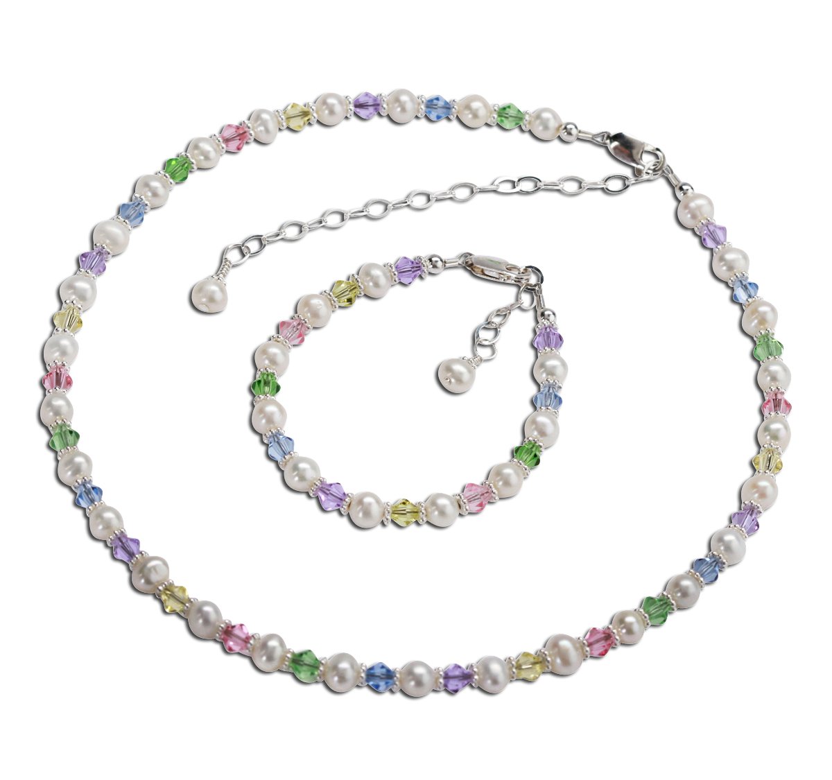 Kids' Sterling Silver Pearl Bracelet & Necklace Set with Crystals for Gifts & Parties