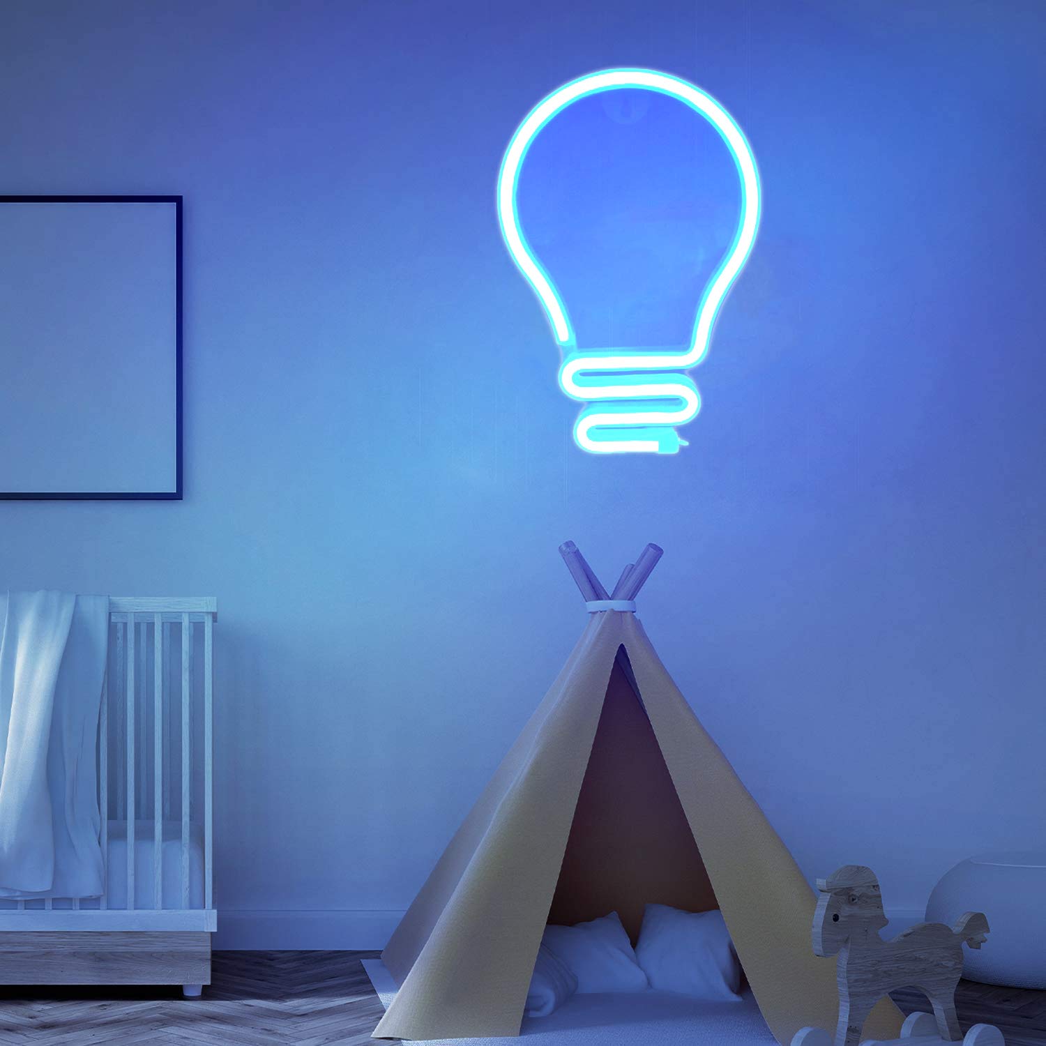 Blue LED Neon Bulb Sign - USB/Battery Operated Hanging Wall Light for Kids Room, Christmas, Birthday & Hanukkah Decor | Perfect for Bedroom, Nursery, Party & Holiday Lighting