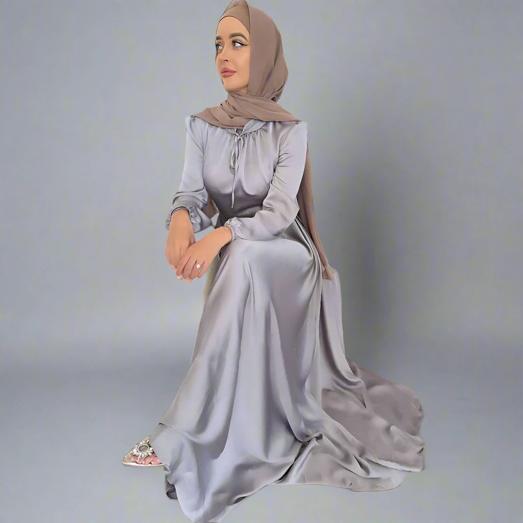 8 Colors Muslim Women's Satin Abaya Dress - Modest Islamic Prayer Dress for Eid, Ramadan & Special Occasions