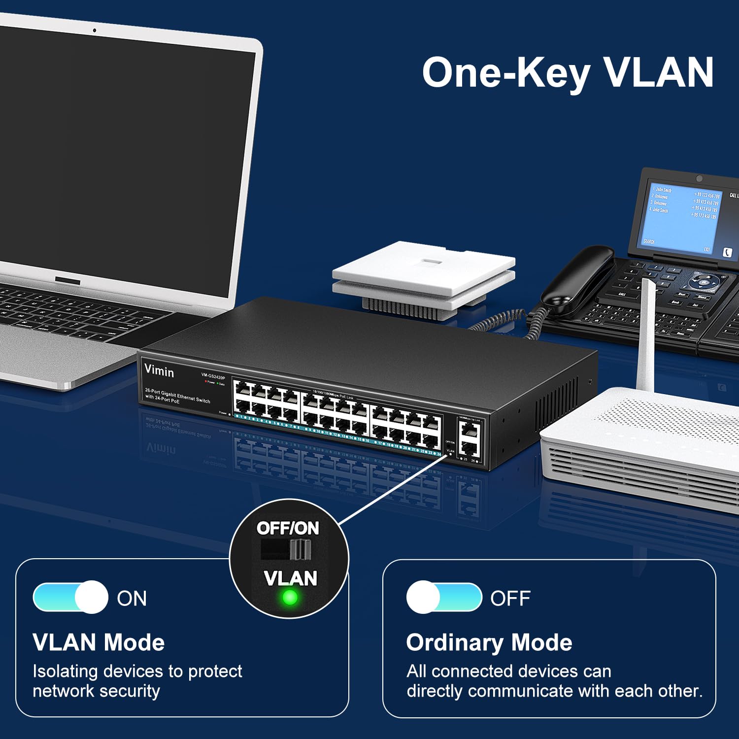 VIMIN 24 Port Gigabit PoE Switch with 2 Uplink Ports | 320W Power | IEEE802.3af/at | VLAN | Metal Housing | 19