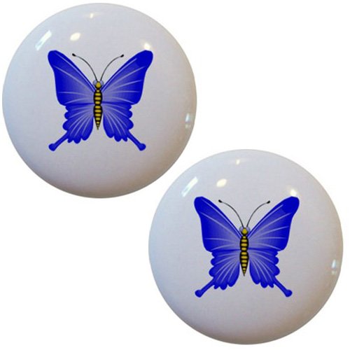 2 Pack Blue Butterfly Ceramic Drawer Knobs - Elegant Cabinet Handles for Dresser, Wardrobe & Furniture Upgrade - Home Decor & DIY Project Accessories