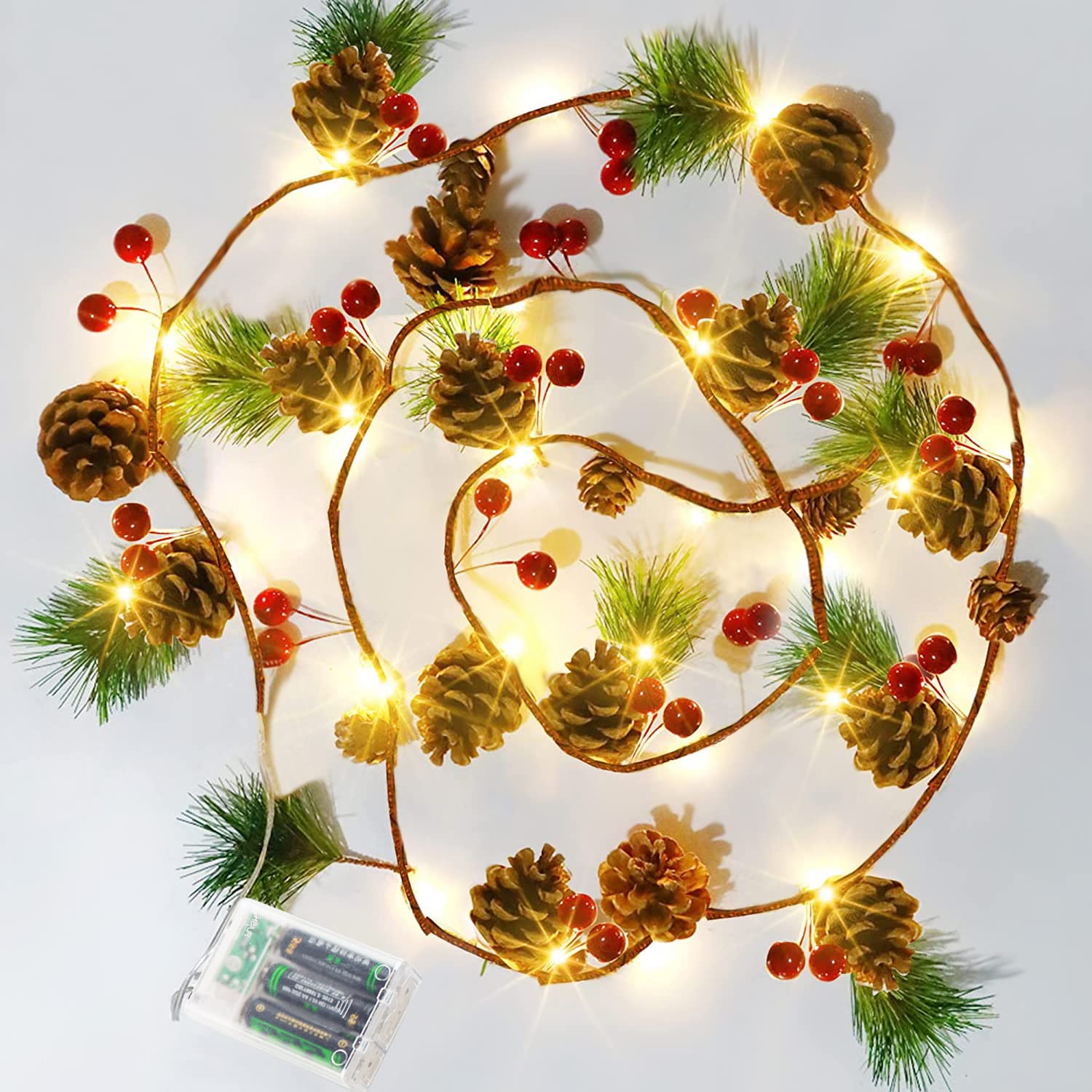 Hongyitime 7.8 FT Pine Cone String Lights with 20 LED Red Berries - Christmas Pine Cone Garland Lights for Indoor/Outdoor Holiday Decor - Perfect for Christmas Tree, Mantel, Fireplace & Party Decorations