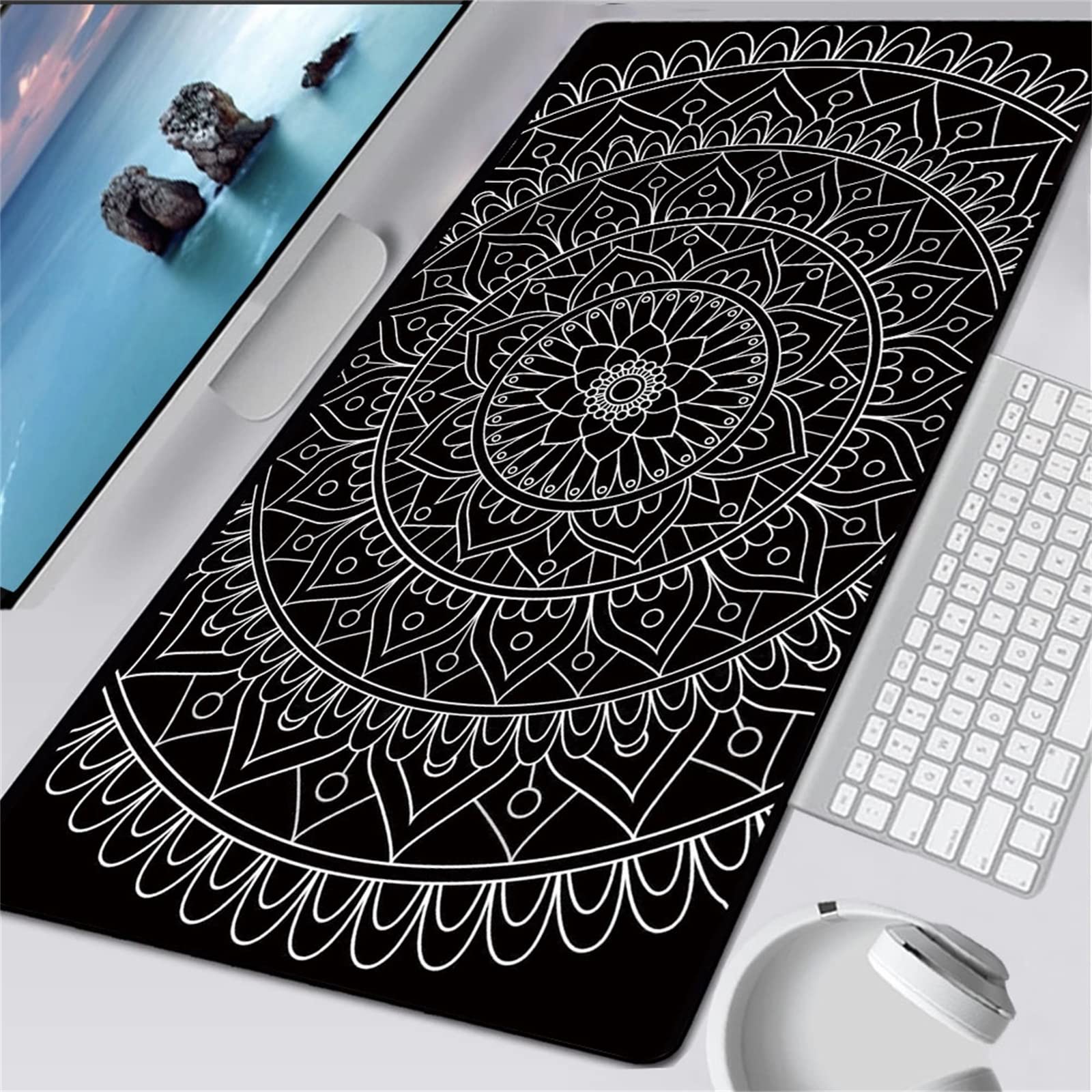 Premium Gaming Mouse Pad - Large 36x16in Non-Slip Rubber Base with Anti-Fray Stitched Edges - Waterproof Desk Mat for PC, Laptop, Office & Home Use - Ergonomic Design for Comfortable Gaming & Work (Black White Mandala Pattern) - Perfect for Esports, Streaming & Professional Workspaces