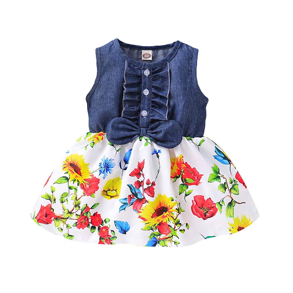 CLOTHBEST Baby Girl Denim Sunflower Princess Dress - Newborn & Toddler Essentials with Bowknot Design | Perfect for Birthday Parties, Photo Shoots & Special Occasions