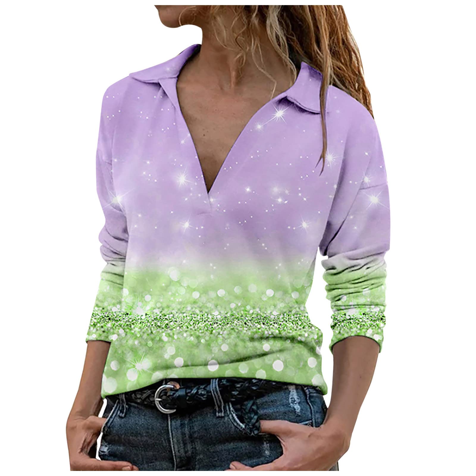 Women's Long Sleeve V-Neck Collared Blouse - Colorful Printed Office & Casual Tops for Work, Business & Everyday Wear | Trendy 2023 Dressy Shirts for Women