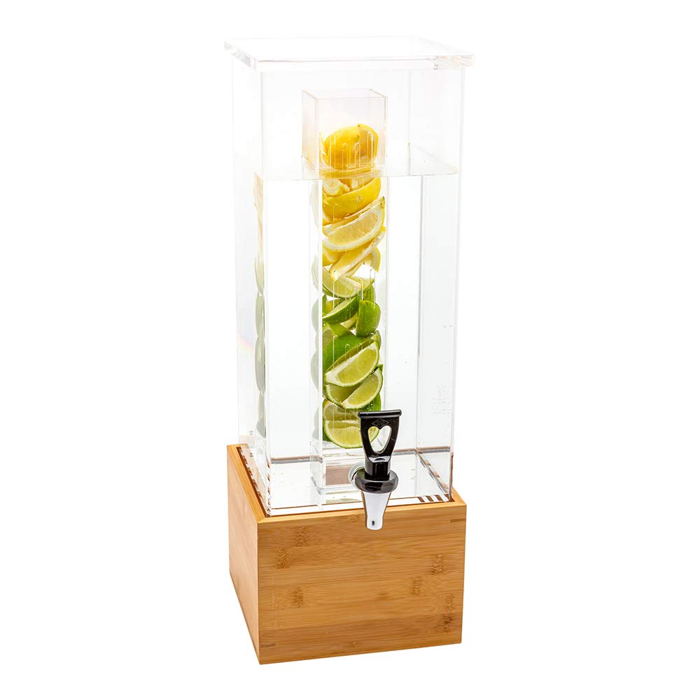 2 Gallon Square Beverage Dispenser with Infusion Core & Bamboo Base - Clear Acrylic Drink Dispenser with Stand & Easy-Use Spigot for Parties, Events, Catering & Restaurants