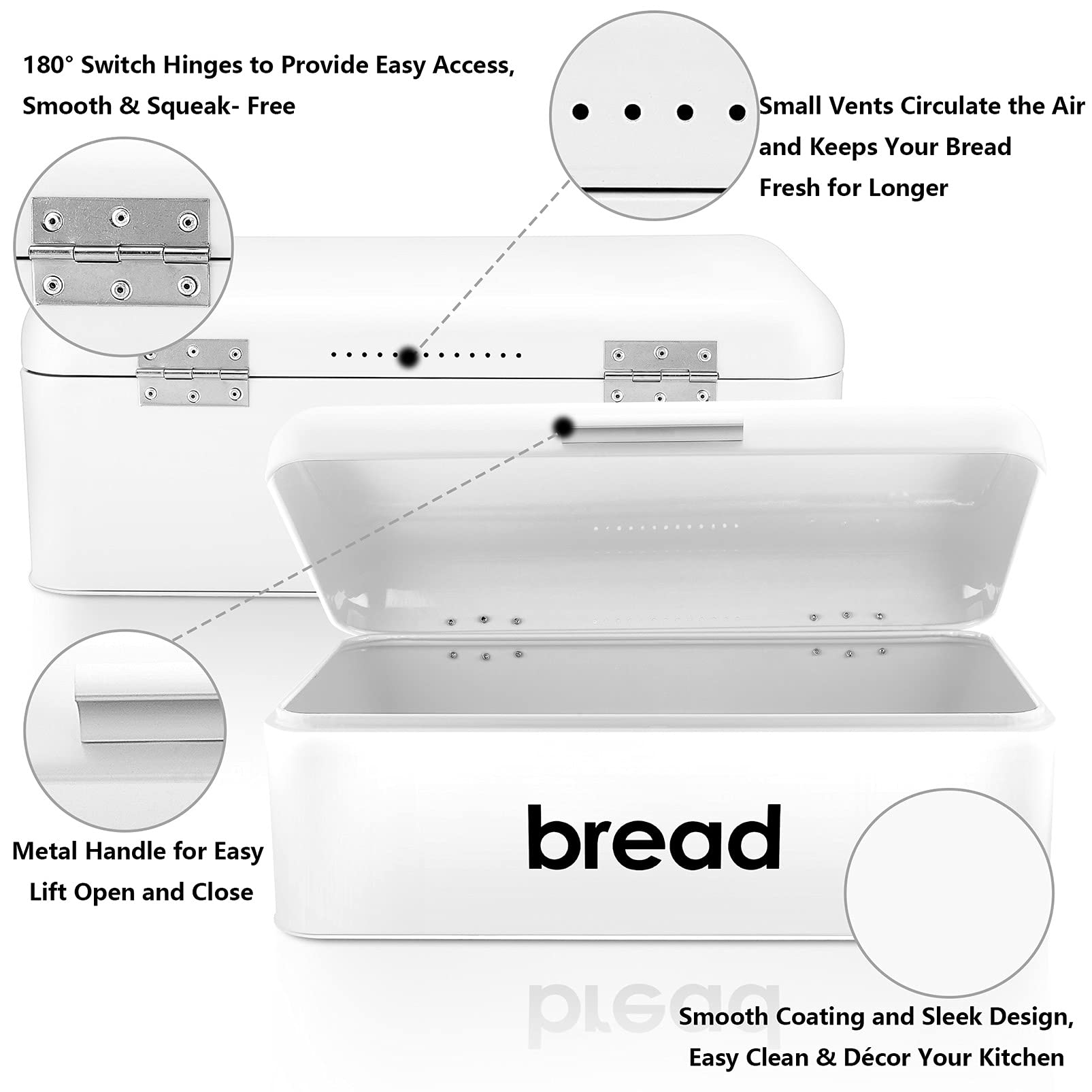 White Metal Bread Box for Kitchen Countertop - Large Capacity Food Storage Container for Bread Loaves & Pastries - Modern Design with Lifted Cover (16.5x9x6.3 inches) - Perfect for Home, Bakery & Restaurant Use