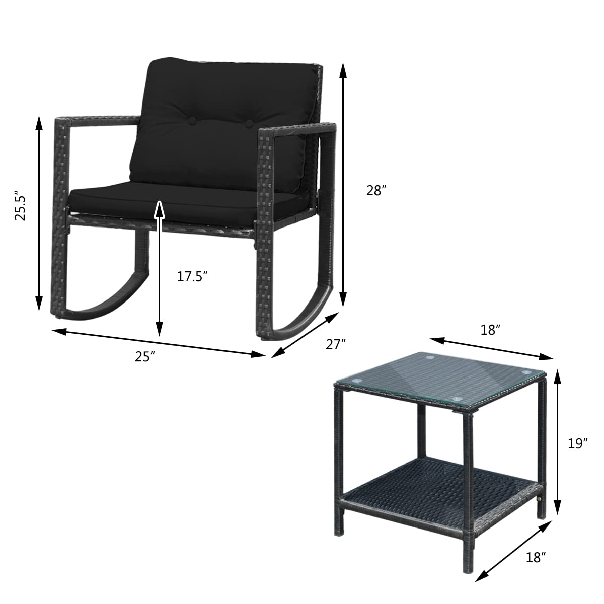 HAPPYGRILL 3-Piece Rocking Bistro Set - Outdoor Patio Conversation Furniture with Rattan Wicker Rocking Chairs & Coffee Table - Garden, Lawn, Backyard, Balcony Decor for Relaxing & Entertaining Guests