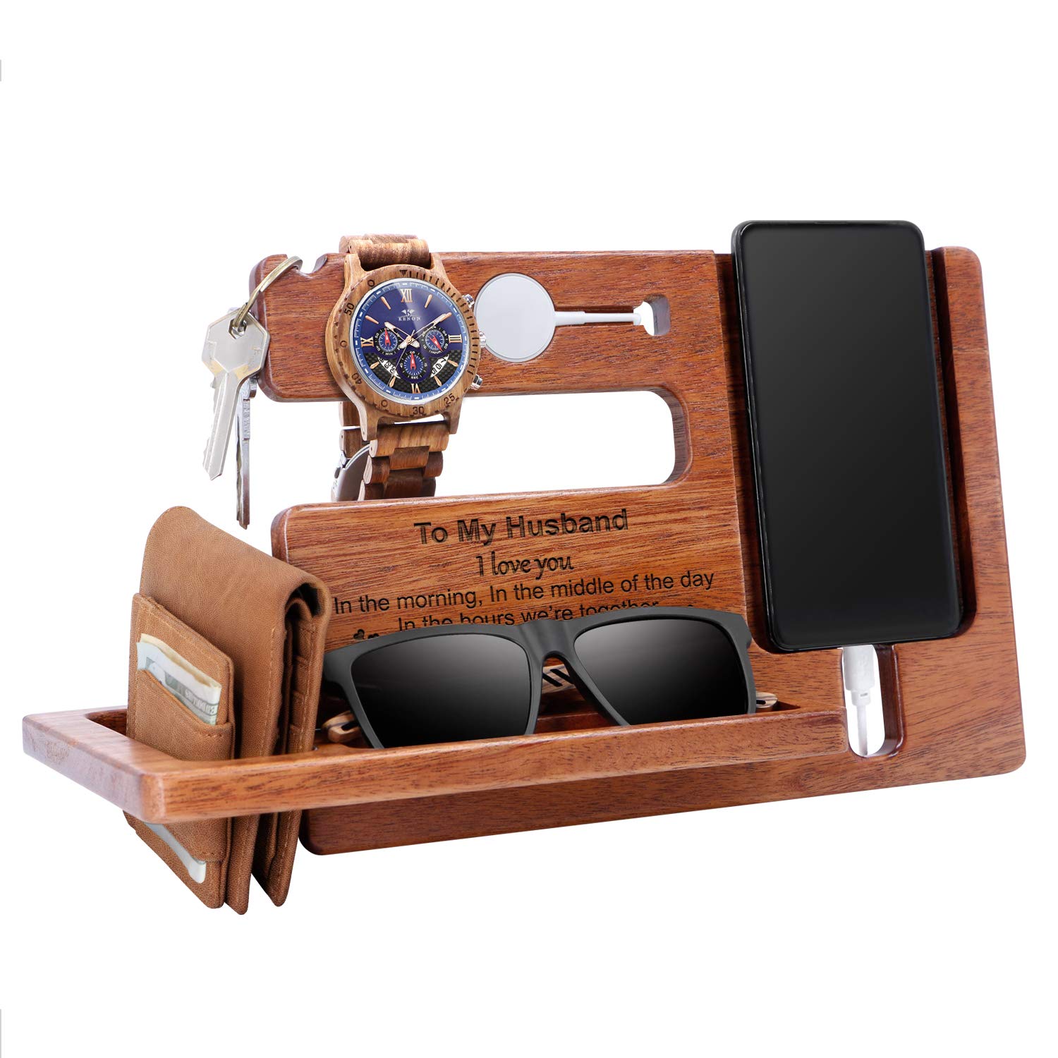 Personalized Wooden Docking Station & Nightstand Organizer - Engraved Keychain, Wallet, Watch Storage Rack for Men | Handmade Travel Gadget | Perfect Graduation & Birthday Gift for Husband | Ideal for Bedside, Office Desk & Travel Organization