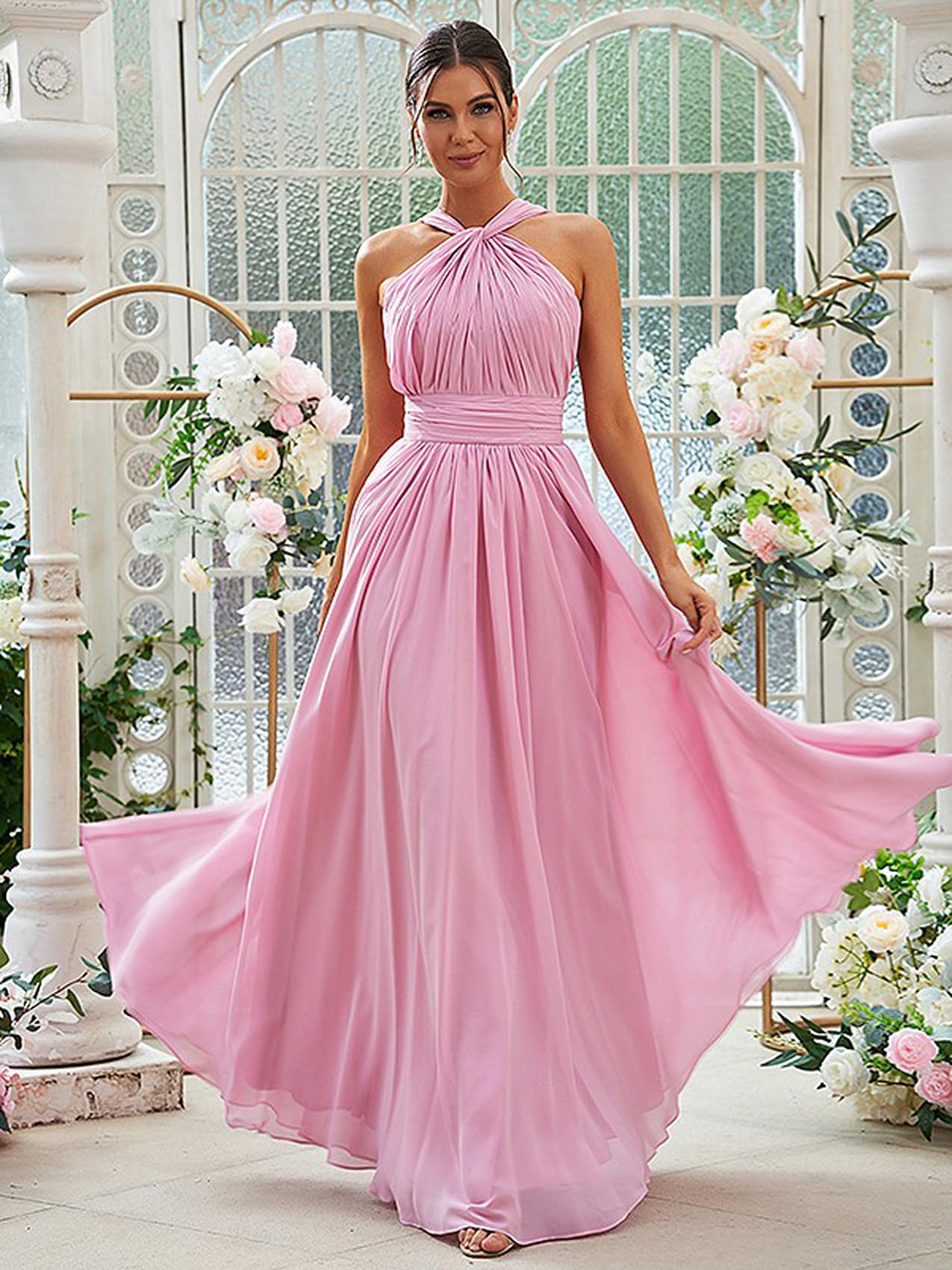 Elegant A-Line Pleated Halter Bridesmaid Dresses for Women - Chiffon Formal Evening Gown with Pockets | Perfect for Weddings, Proms & Special Occasions