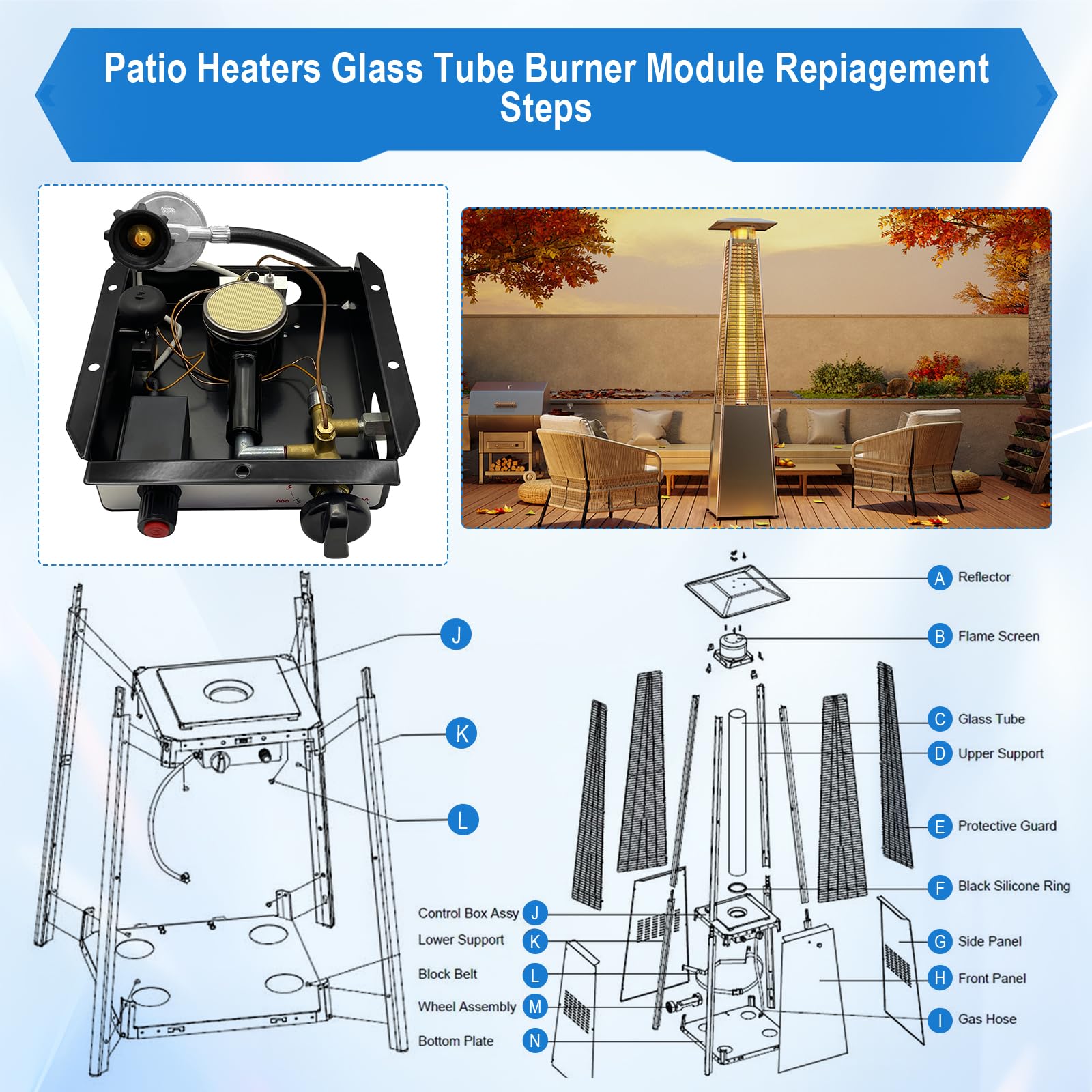 Hiland Square Patio Heater Replacement Parts - 5 Bolt Hole Glass Tube Burner Module with Regulator Valve Assembly | Compatible with Hiland Square Glass Tube Heaters | Perfect for Outdoor Patio, Deck, and Garden Heating