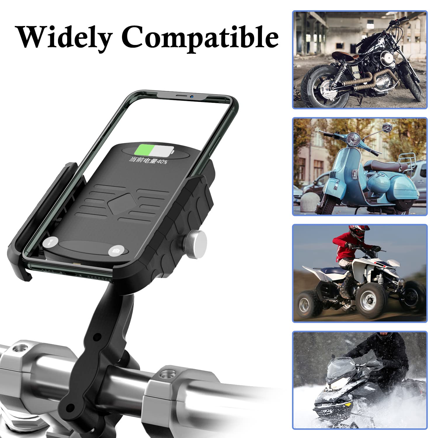 BATIGE 15W Qi Wireless Charger Motorcycle Phone Mount - Waterproof Aluminum Base with USB 2.0 Port & On/Off Switch for 12V/24V Vehicles - Perfect for Harley, Honda, Yamaha & Adventure Riding
