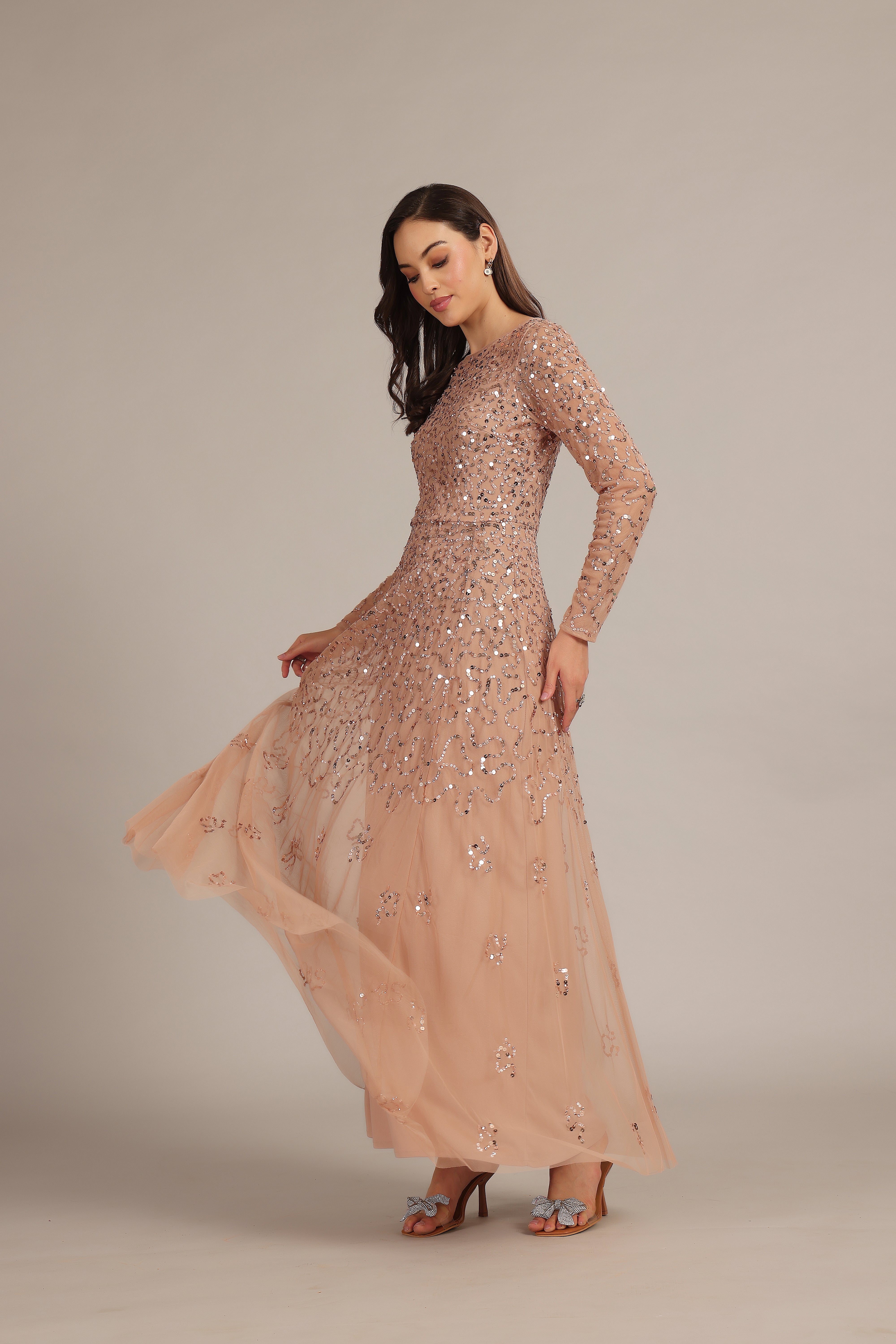 Elegant Sylvia Maxi Dress in Mink - Flowy Long Women's Dress for Casual Wear, Parties & Special Occasions