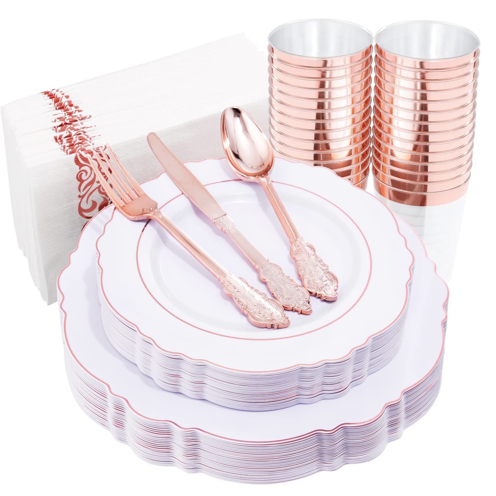 WDF 25-Pack Rose Gold Disposable Plates & 30-Pack Pink Plastic Plates for Parties, Weddings, Baby Showers - Elegant & Durable Dinnerware for Any Celebration