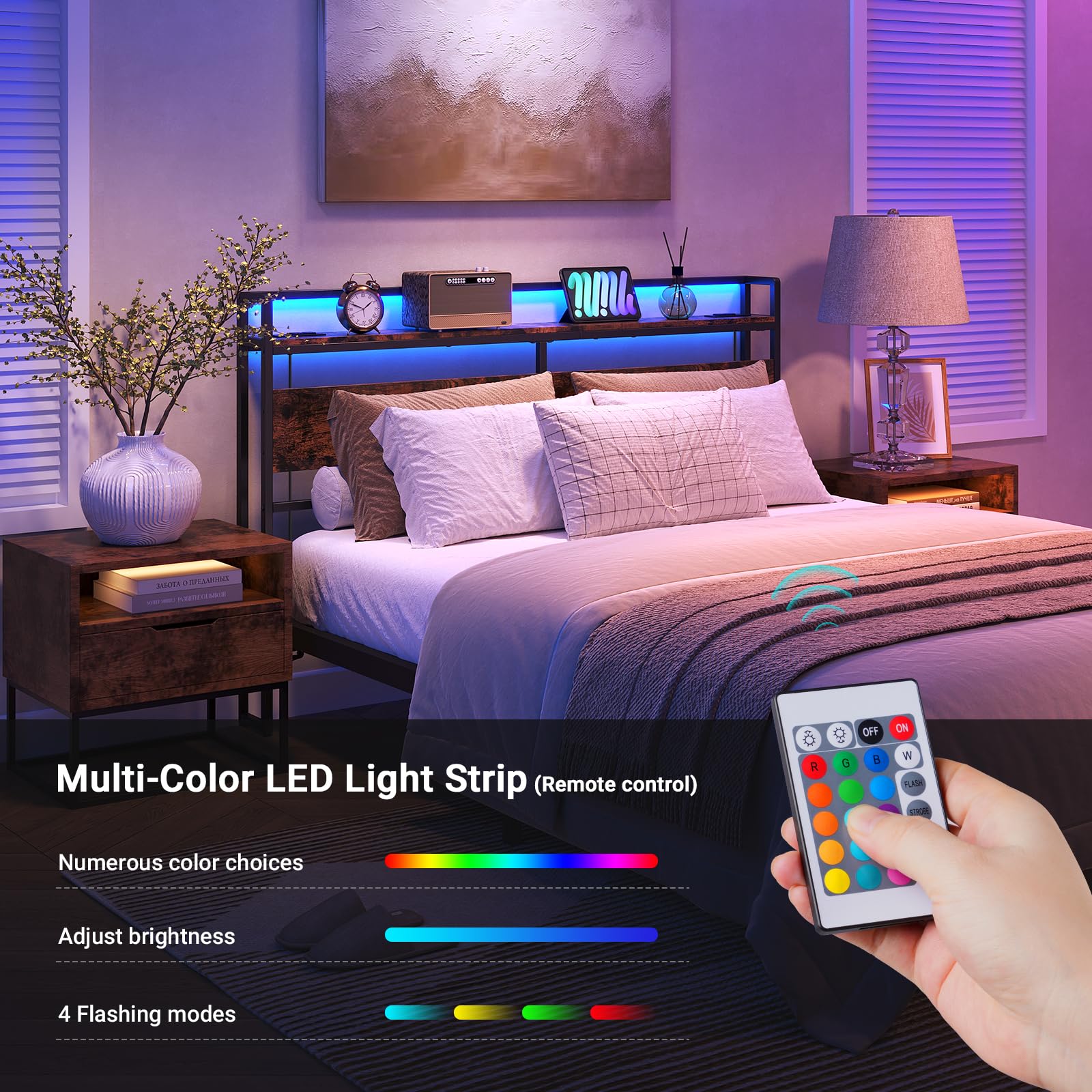ELYKEN Queen Size Headboard with USB Ports, LED Lights & Outlets - Freestanding Bed Backboard with Shelf, Adjustable for Different Bed Frames - Rustic Brown - Perfect for Bedroom Upgrade, Guest Room & Modern Home Decor