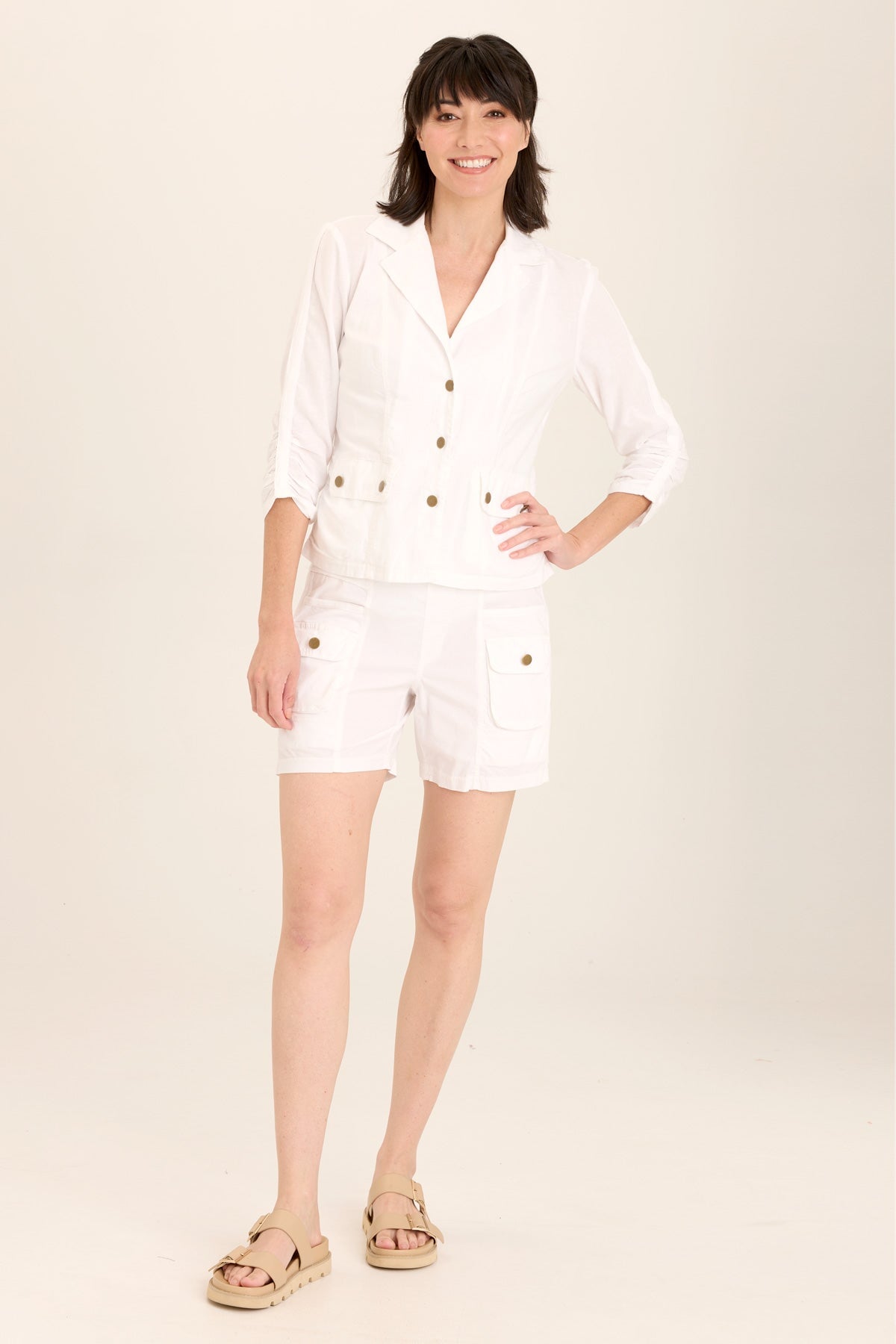 Stylish Linen Stretch Blazer with 4 Pockets - Comfortable Shirred Jacket for Women | Perfect for Office Wear, Business Meetings & Casual Outfits