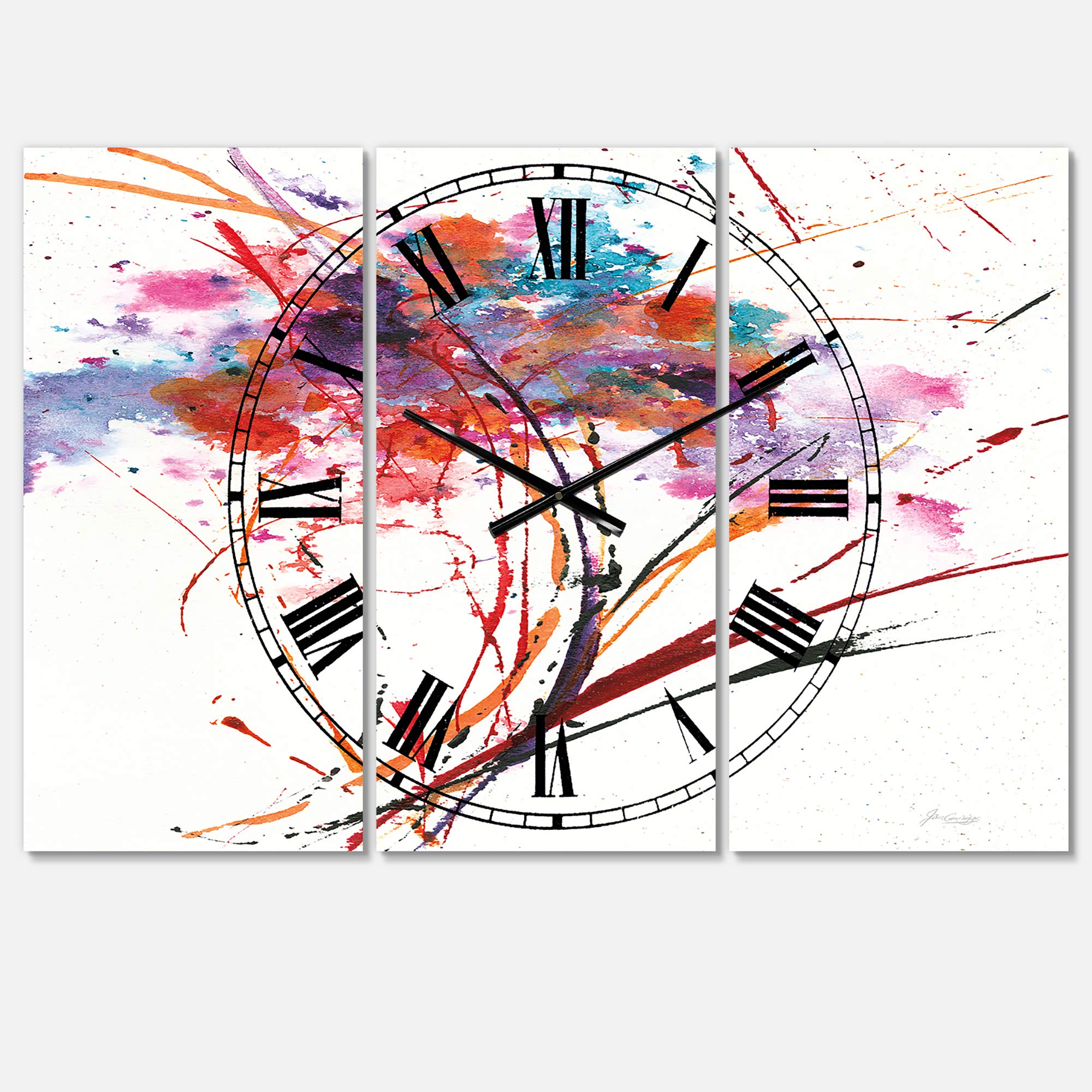 Designart Abstract Handpainted Red Flowers 3-Panel Wall Clock - Traditional Metal Wall Art for Home, Living Room, Bedroom & Office Decor | Perfect for Modern Interiors & Gift Giving