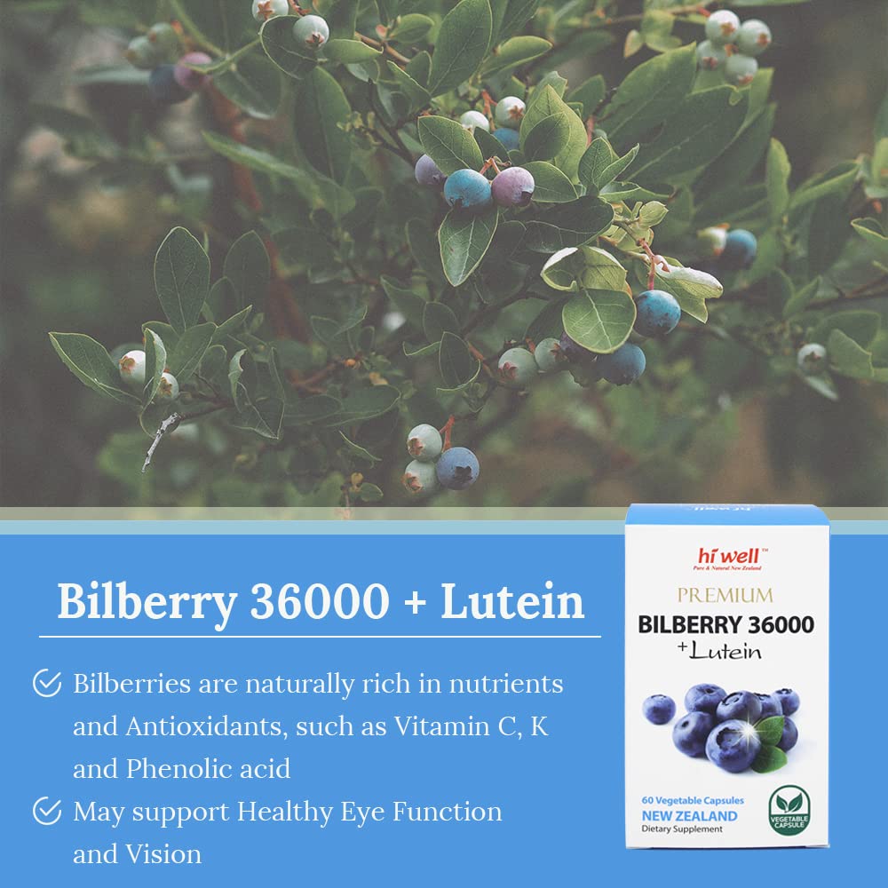 Hi Well Premium Bilberry 36000 + Lutein 60 Vegetarian Capsules (Pack of 3) - Supports Eye Health & Vision Clarity for Gamers, Students & Digital Screen Users