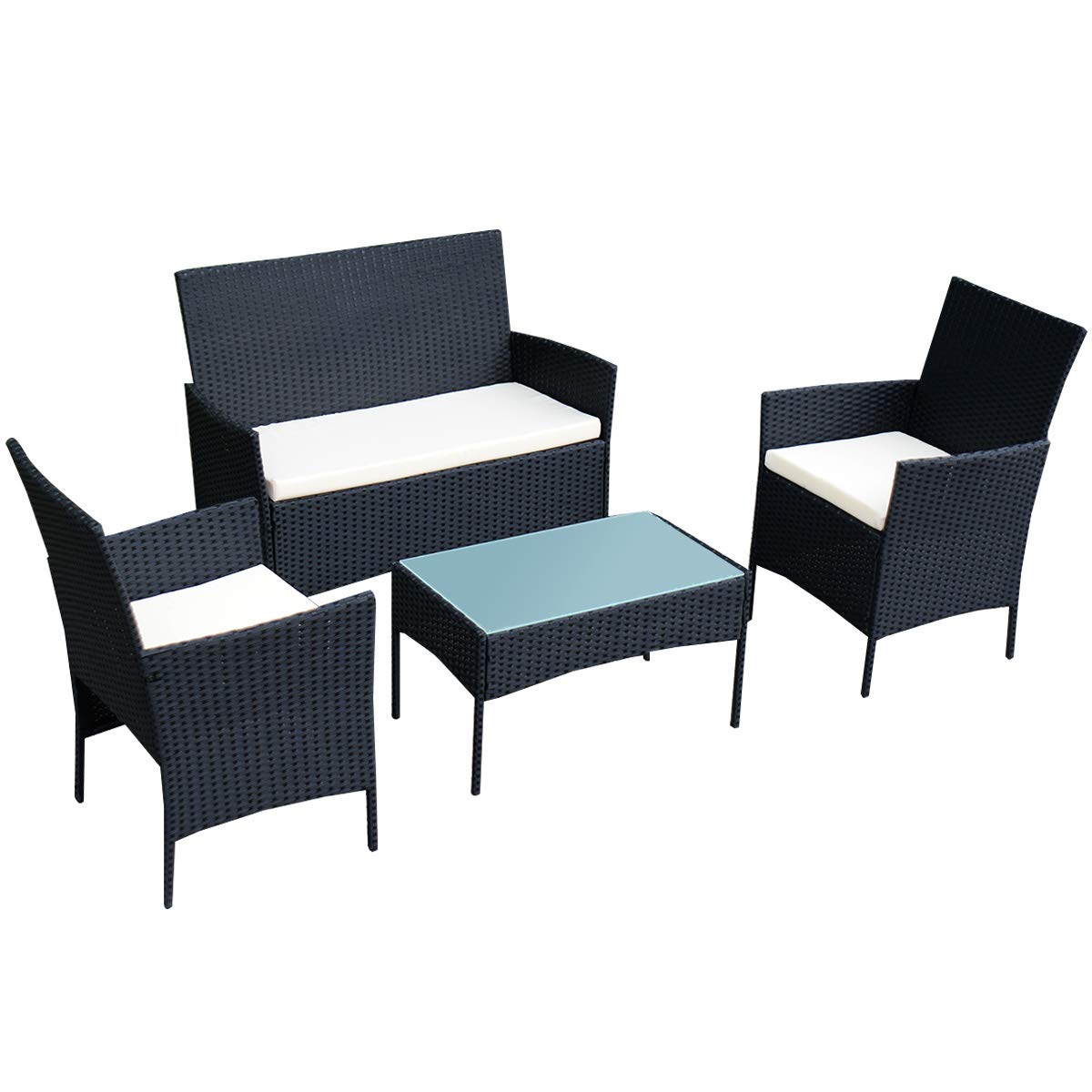 Goplus 4-Piece Rattan Patio Furniture Set with Cushions & Tempered Glass Coffee Table - Outdoor Garden Sofa Set for Balcony, Backyard, Poolside (Black) - Perfect for Relaxing, Entertaining & Sunbathing