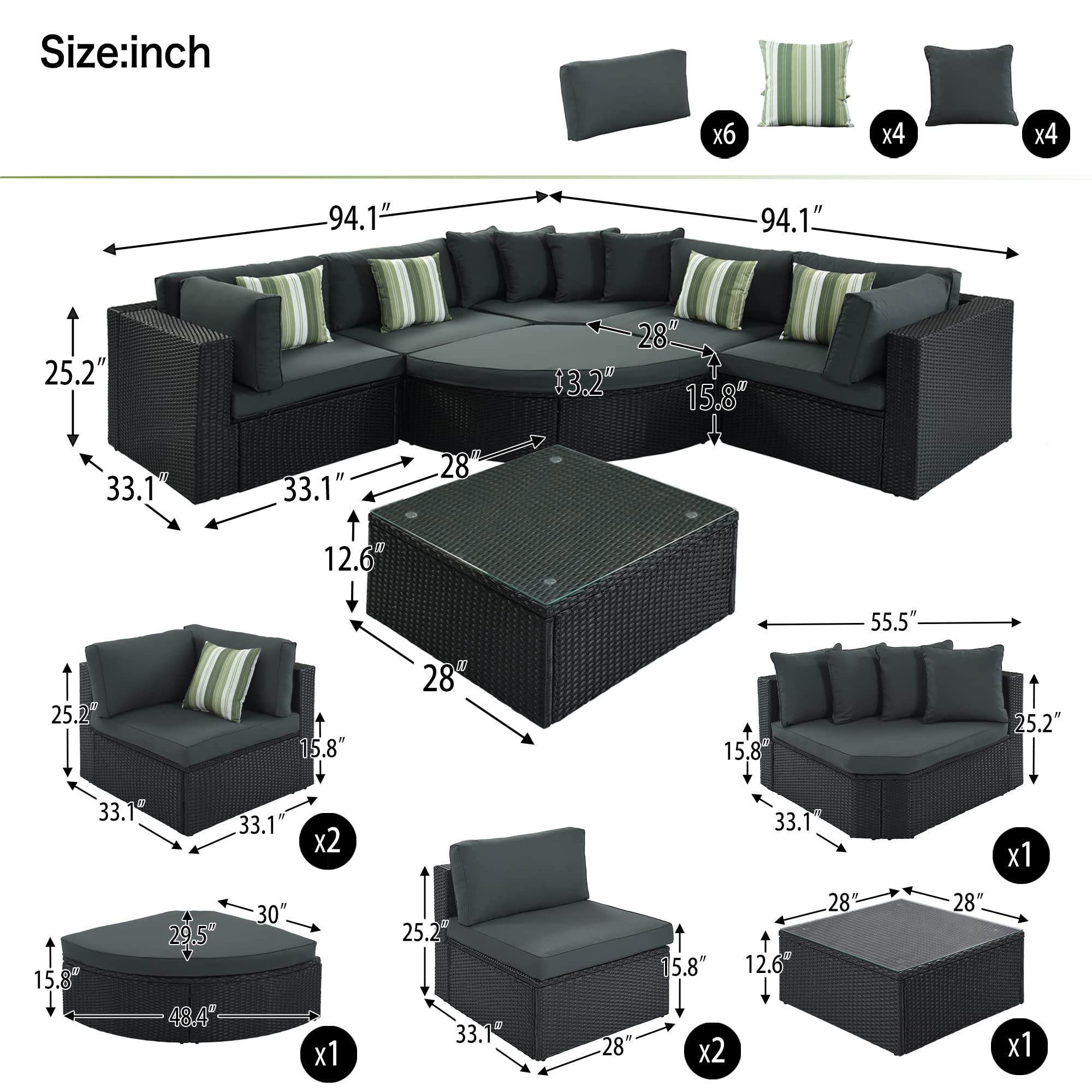 7-Piece Patio Furniture Set Outdoor Wicker Sofa with Coffee Table & Striped Green Pillows - Grey Rattan Conversation Set for Garden, Poolside, and Backyard Relaxation