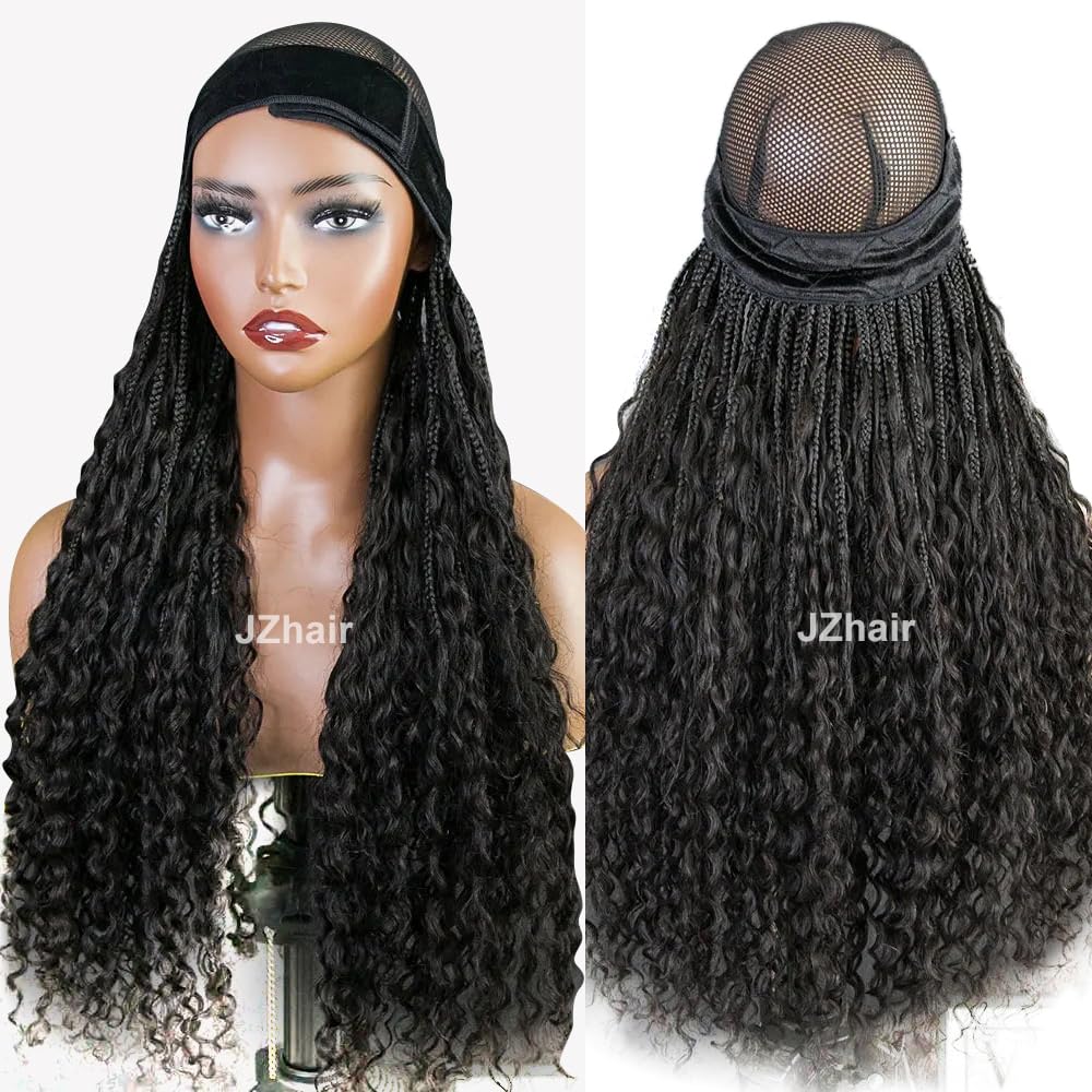 Boho Box Braids Wig with Human Hair - 20 Inch Bohemian Curly Ends Braided Hair Extensions for Women (Natural Black) | Quick & Easy Grab & Go Style for Parties, Vacations & Everyday Wear