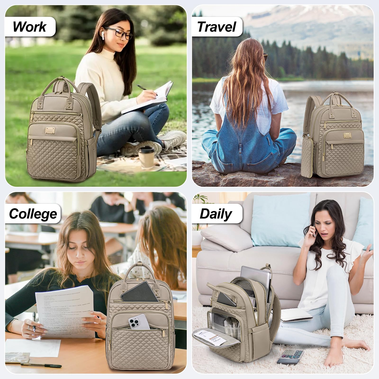 Stylish Waterproof 15.6 Inch Laptop Backpack for Women - Durable Work & Travel Backpack with Built-in Wallet, Perfect for Office, College & Commuting (Khaki)