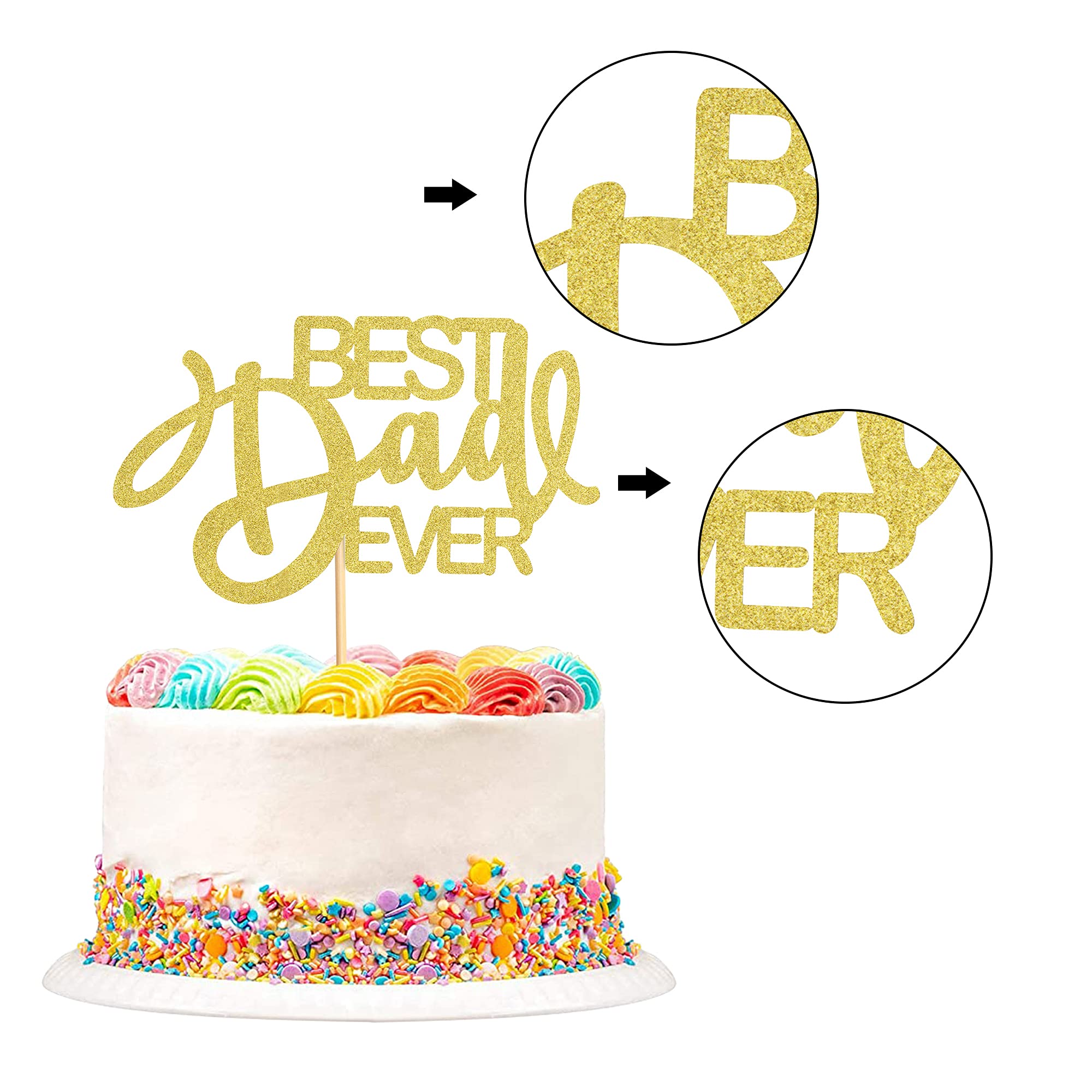 1 PC Happy Father's Day Cake Topper - Best Dad Ever Gold Glitter Cake Decoration for Birthday Parties, Father's Day Celebrations & Special Occasions (Bestdad Curly GLD)