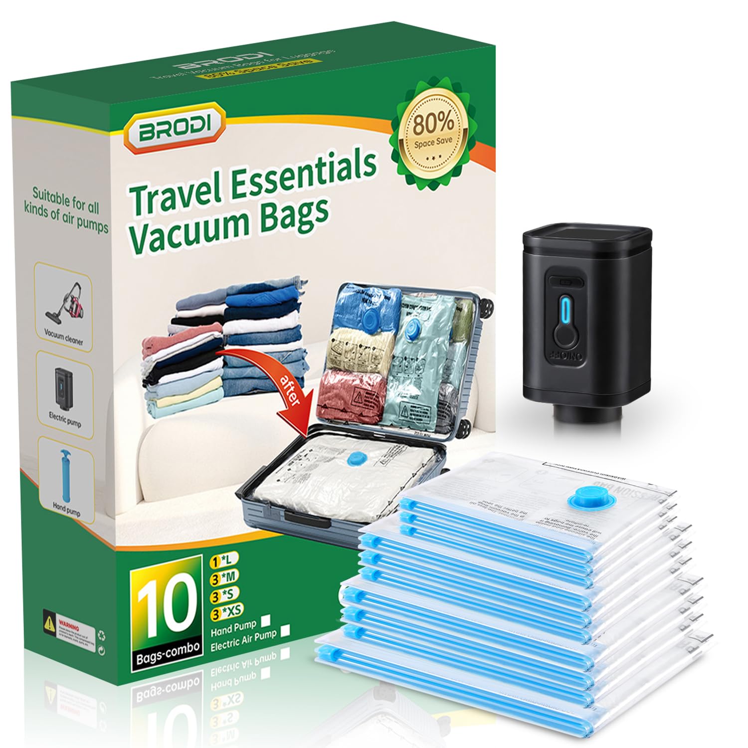 BRODI 10-Pack Travel Vacuum Storage Bags with Hand Pump - Space Saving Compression Bags for Clothes, Blankets & Travel Essentials | Perfect for Suitcase Packing, Closet Organization & Seasonal Storage