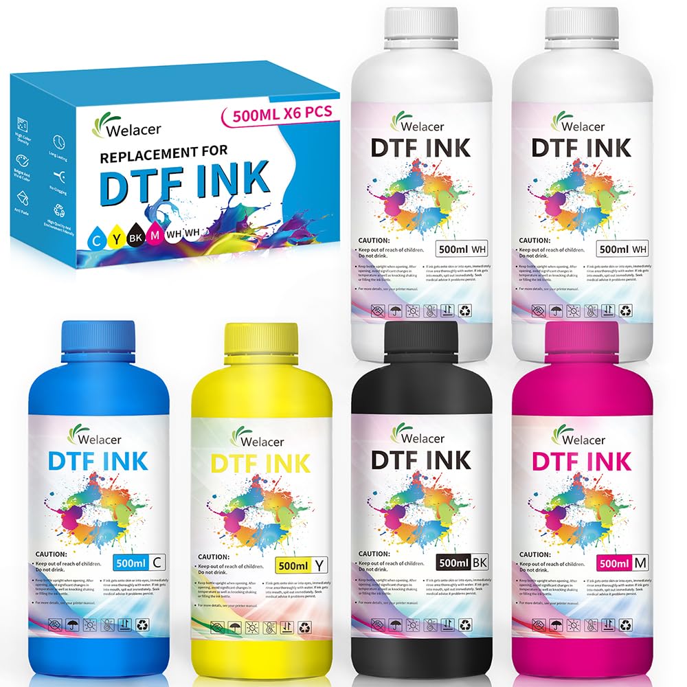 DTF Ink 500ml x 6 Bottles - Compatible with Epson I3200, XP600, R1390, L1800, ET-8550, ET-2850, XP-15000, R2400, L800, 1430, P400, P800, R2000 Printers | DTF Heat Transfer Ink Conversion Kit Refill for All DTF Printers & Films | Perfect for T-Shirt, Hoodie, and Custom Apparel Printing