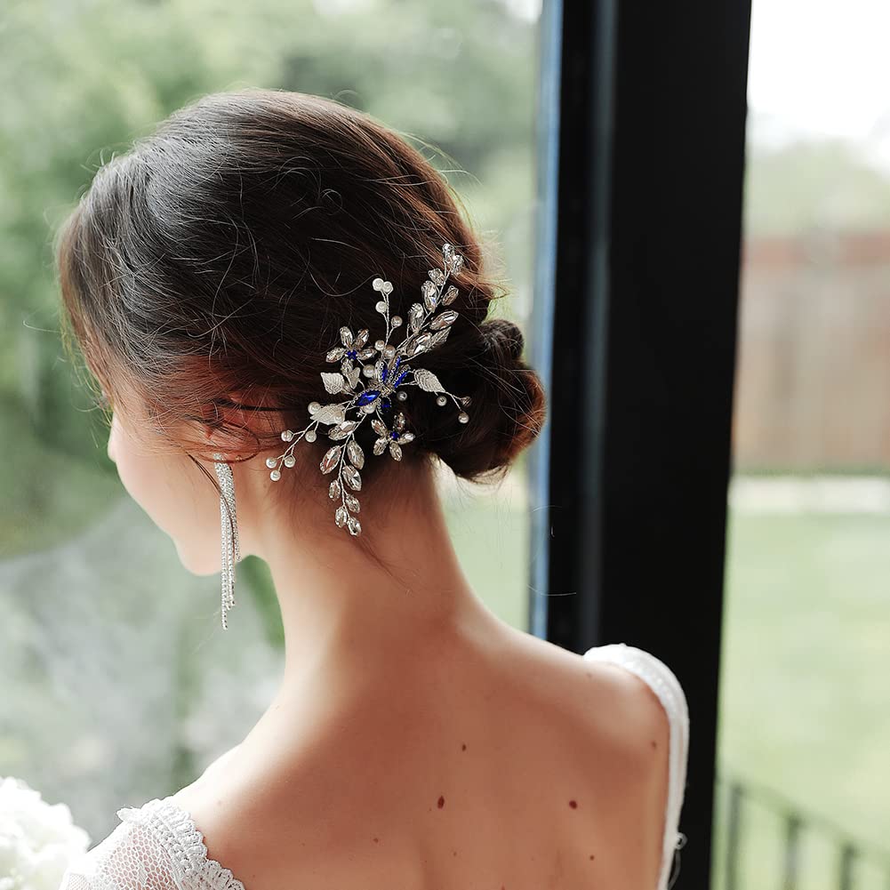 Blue Bridal Leaf Hair Comb - Handmade Wedding Tiara for Bride - Perfect for Prom & Headdress