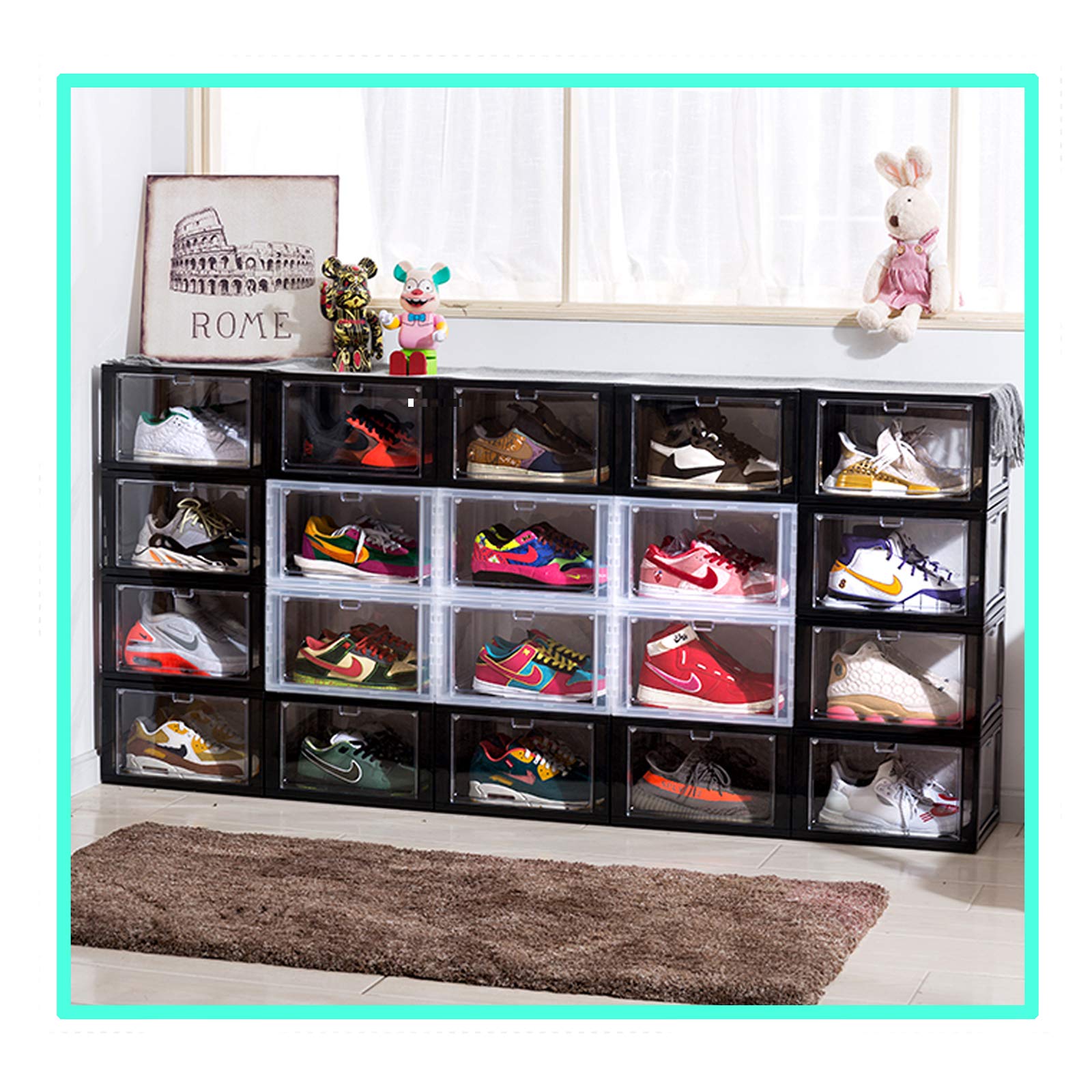 Stackable Black Plastic Shoe Storage Box with Side & Front Drop Open Door - Heavy Duty Sneaker Organizer Cases for Closet, Entryway, Bedroom & Garage (6 Pack) - Perfect for Space Saving & Shoe Collection Organization
