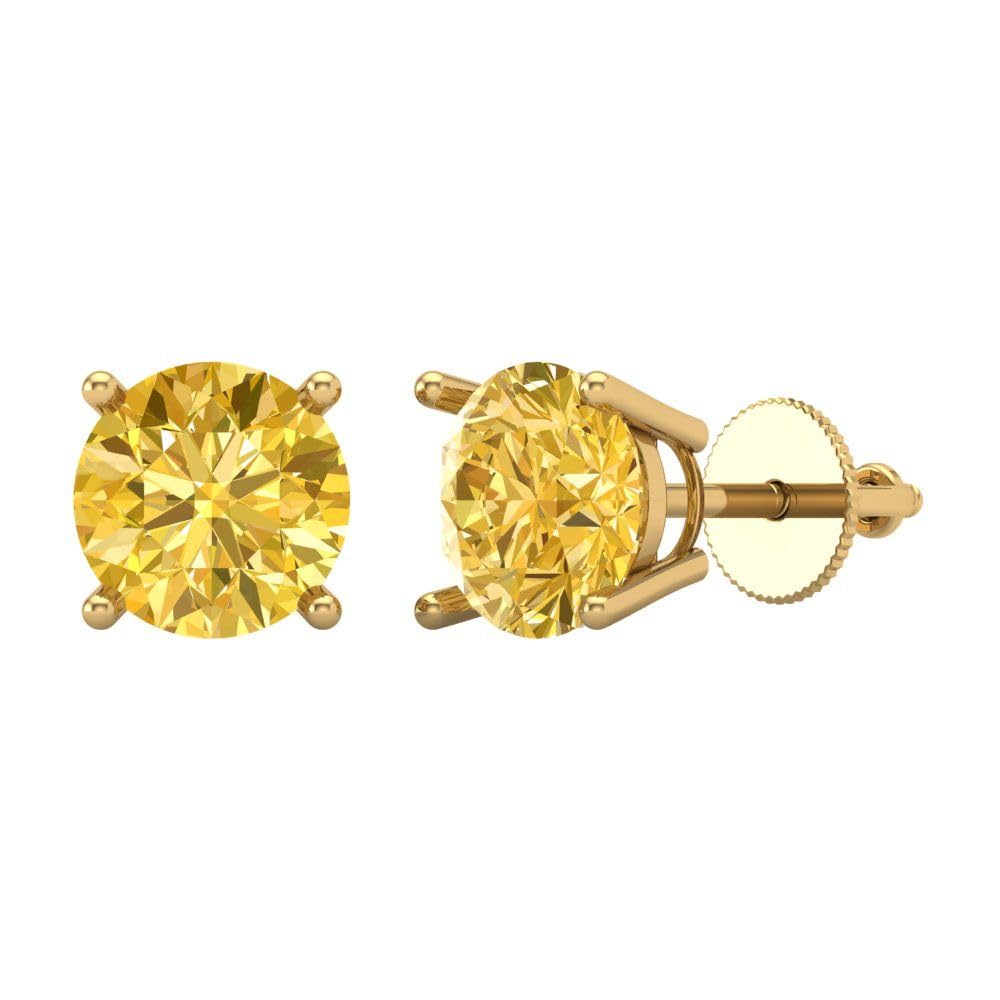 4.0 Carat Round Cut Solitaire VVS1 Yellow Simulated Diamond Stud Earrings in 18K Gold - Screw Back for Secure Fit - Perfect for Weddings, Parties & Special Occasions